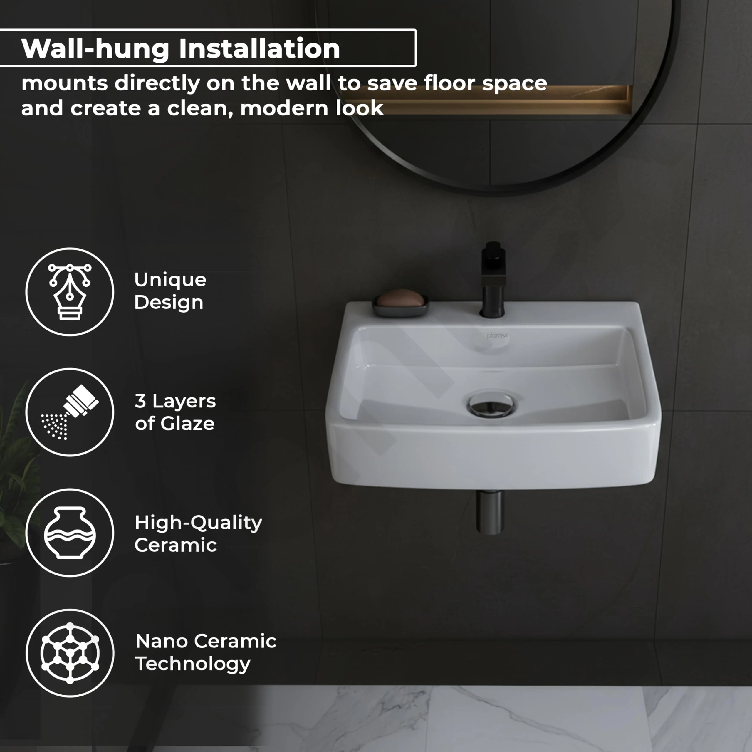Plantex Ceramic Wall Hung Basin/Washbasin for Bathroom/Wall Mounted Wash Basin/Sink for Living Room (Bolton, White) - Image 2