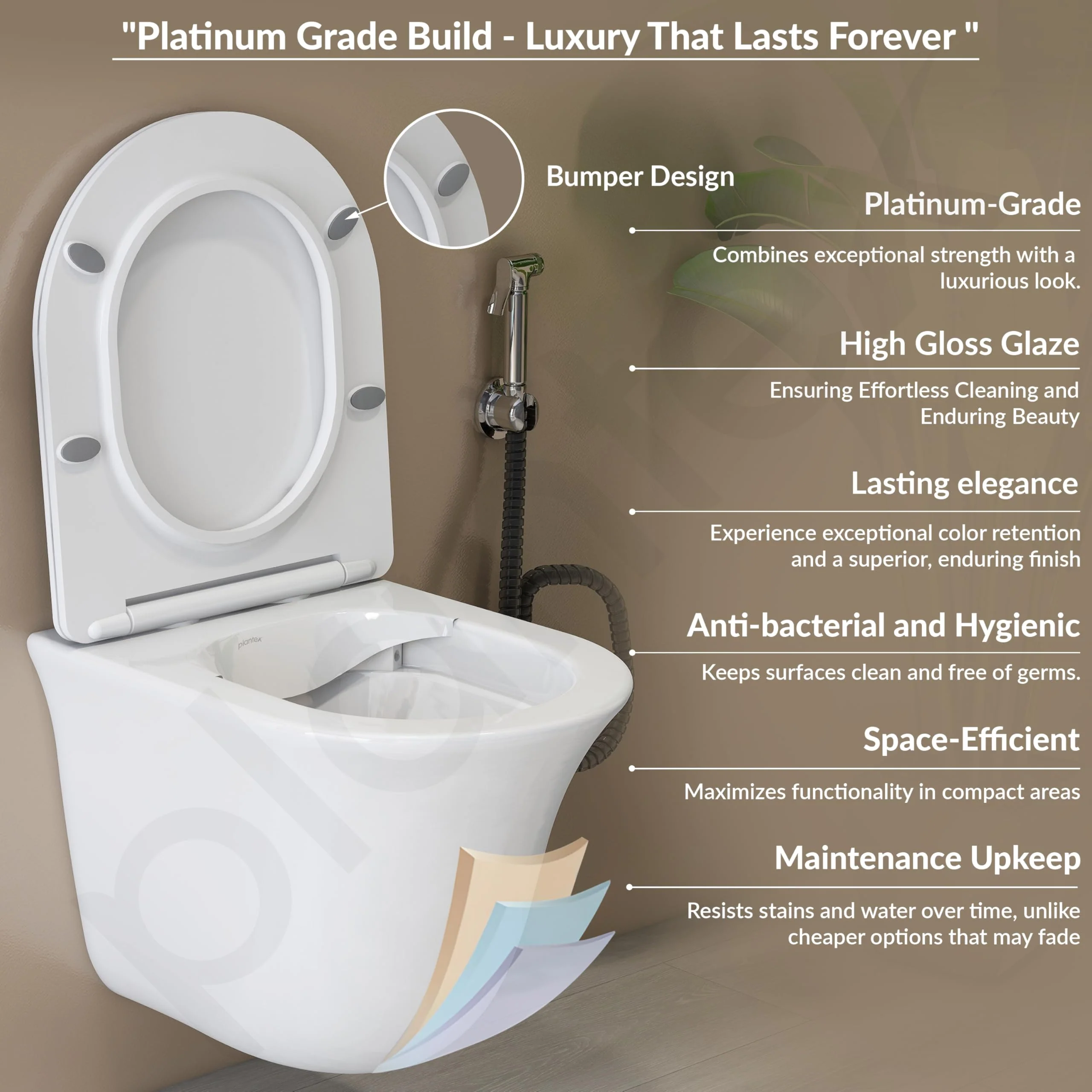 Plantex Ceramic Wall Hung Commode for Toilet/Rimless Washdown Western Commode/Commode with Soft Closing Toilet Seat - P Trap (Glossy White) - Image 5