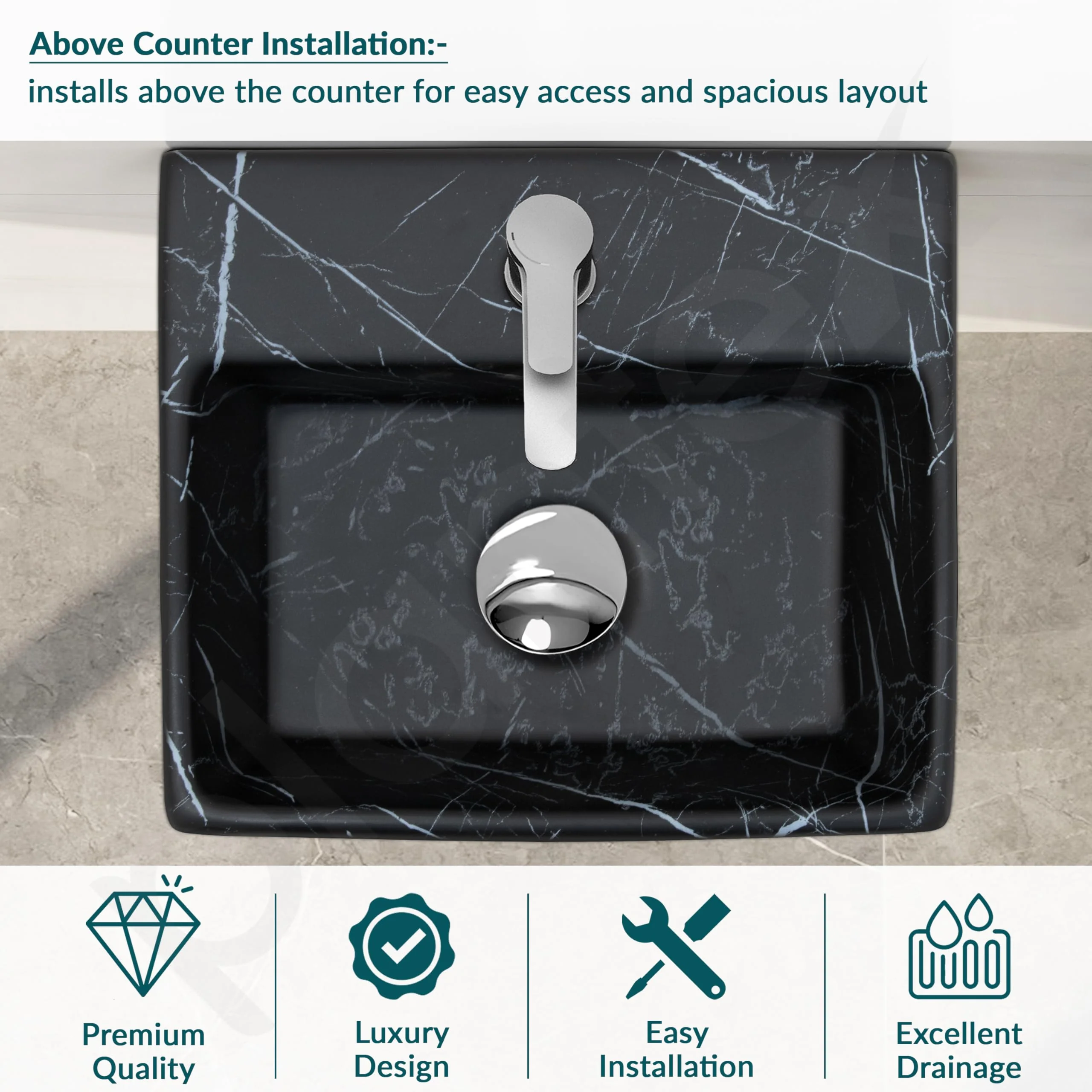 Plantex Ceramic Wall Hung Wash Basin for Bathroom/Square Tabletop Basin/Bathroom Hand Wash Sink/Wall Mount Washbasin for Restaurant/Hotel (Black- 13x11.5x5 Inch) - Image 5