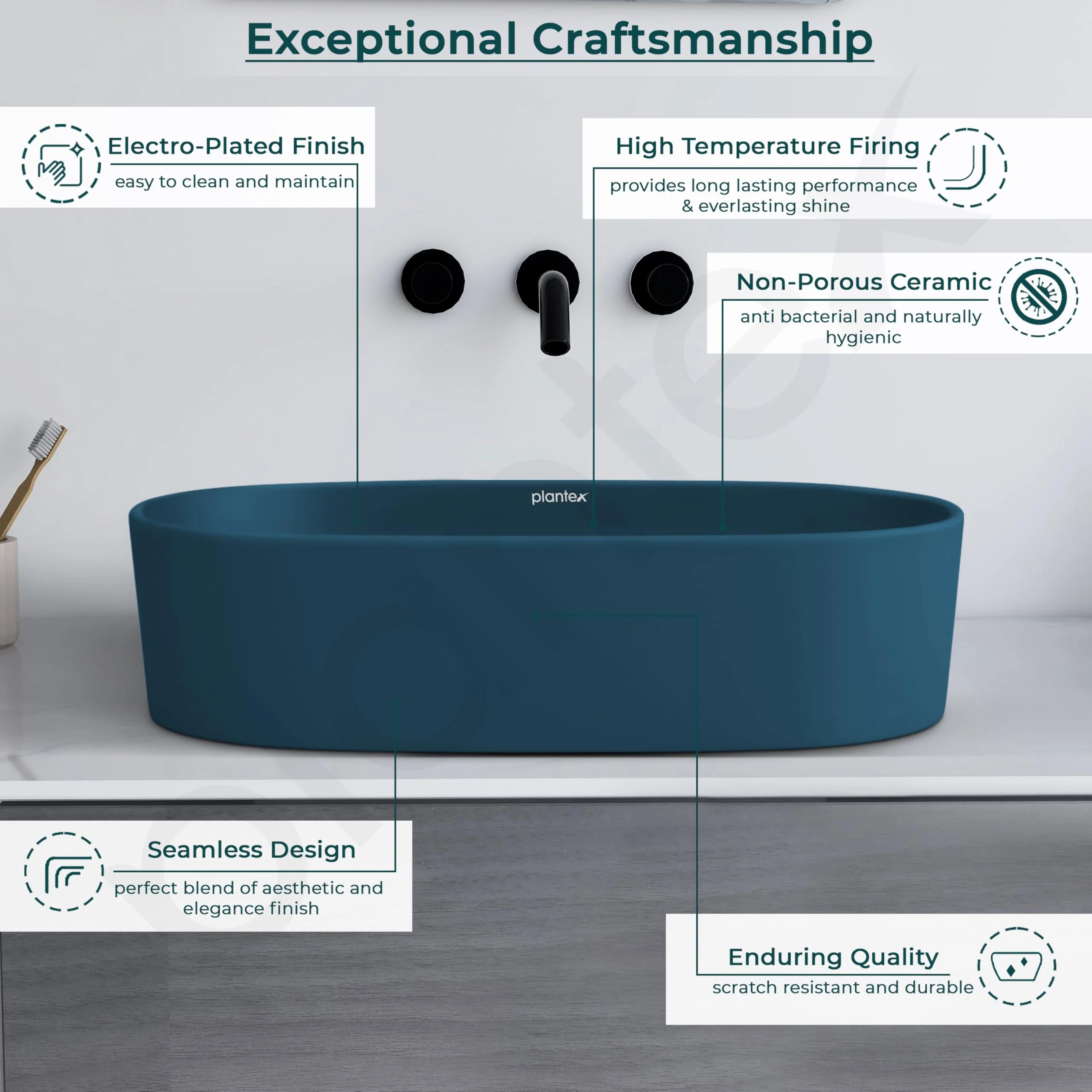 Plantex Ceramic Wash Basin for Bathroom/Oval Counter Top Basin/Tabletop Wash Basin for Home/Office - (3061, Pine Blue) - Image 2