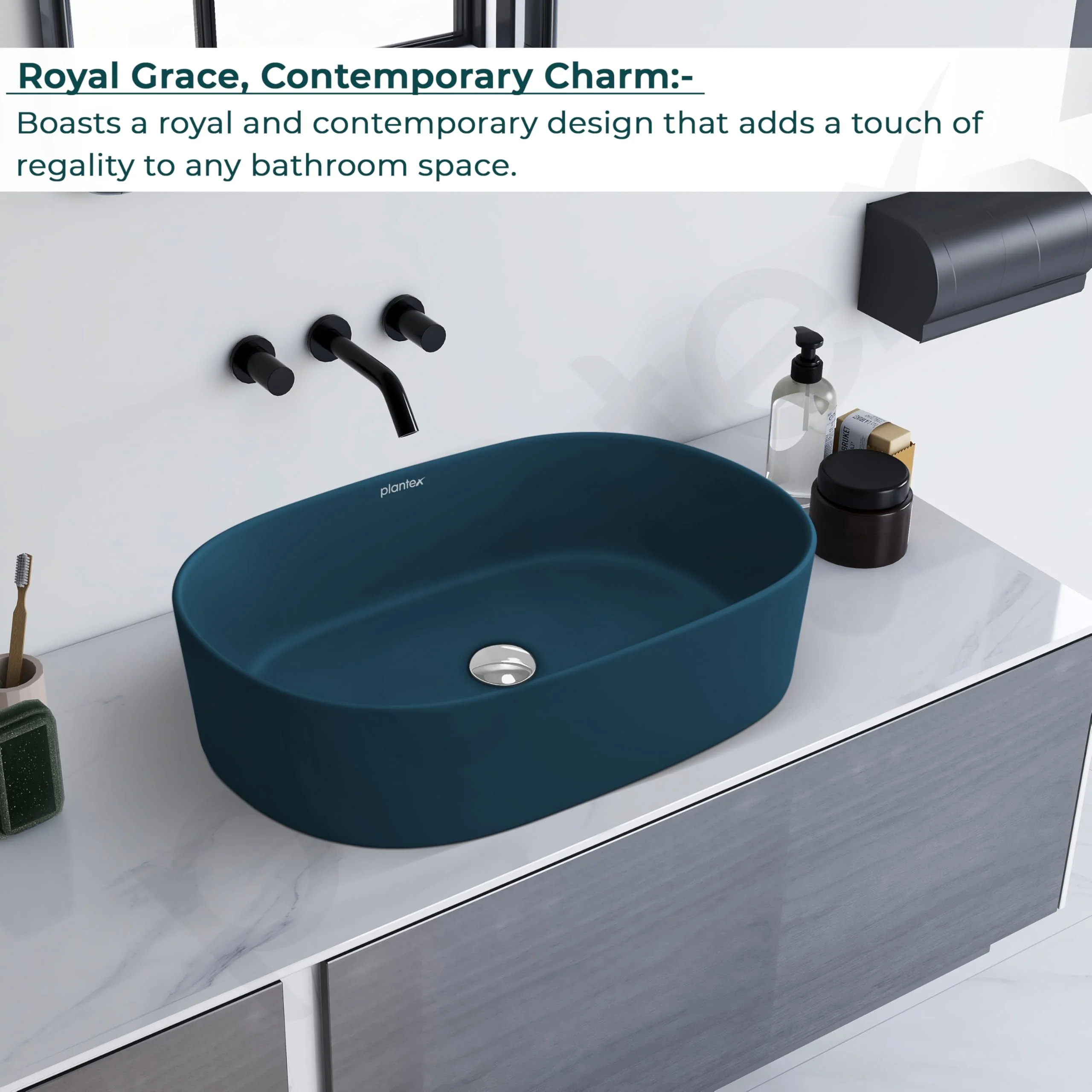 Plantex Ceramic Wash Basin for Bathroom/Oval Counter Top Basin/Tabletop Wash Basin for Home/Office - (3061, Pine Blue) - Image 4