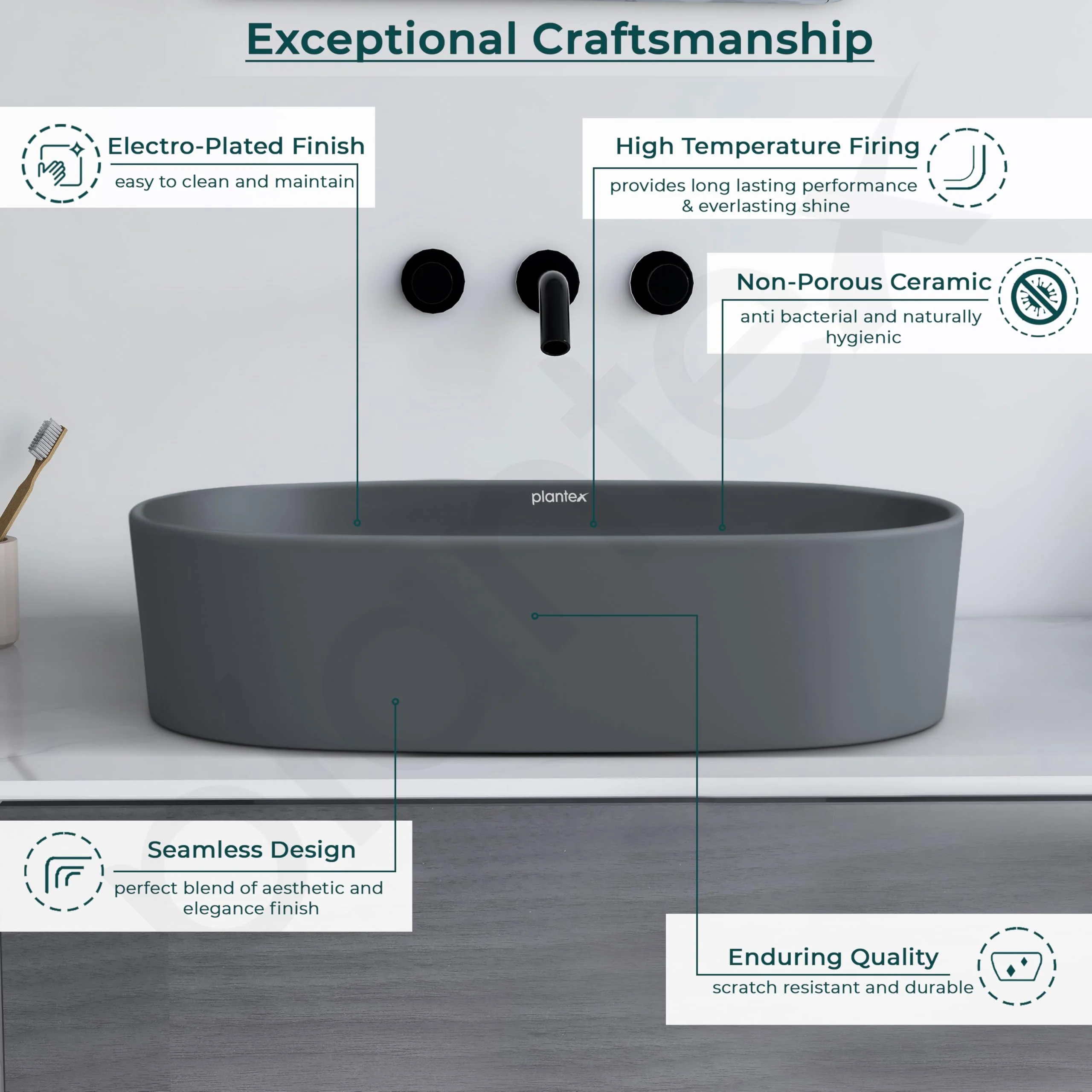 Plantex Ceramic Wash Basin for Bathroom/Oval Table Top Basin/Countertop Vessel Sink for Home/Hotel - (3061, Cloud Grey) - Image 2