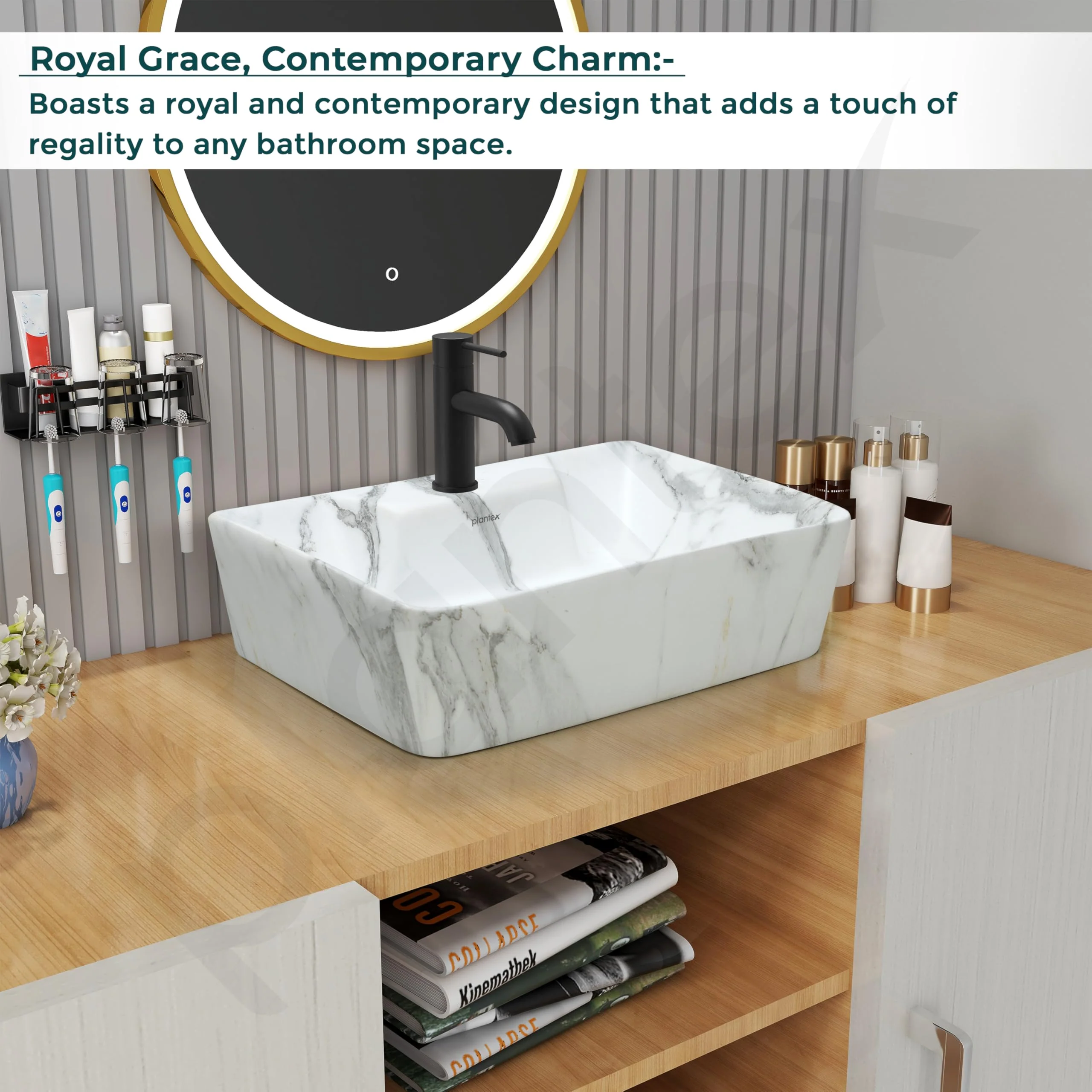 Plantex Ceramic Wash Basin for Bathroom/Rectangle Wall Mount Basin/Bathroom Sink/Washbasin for Restaurant/Hotel (Marble Finish - 16 x 12 x 5 Inch) - Image 2