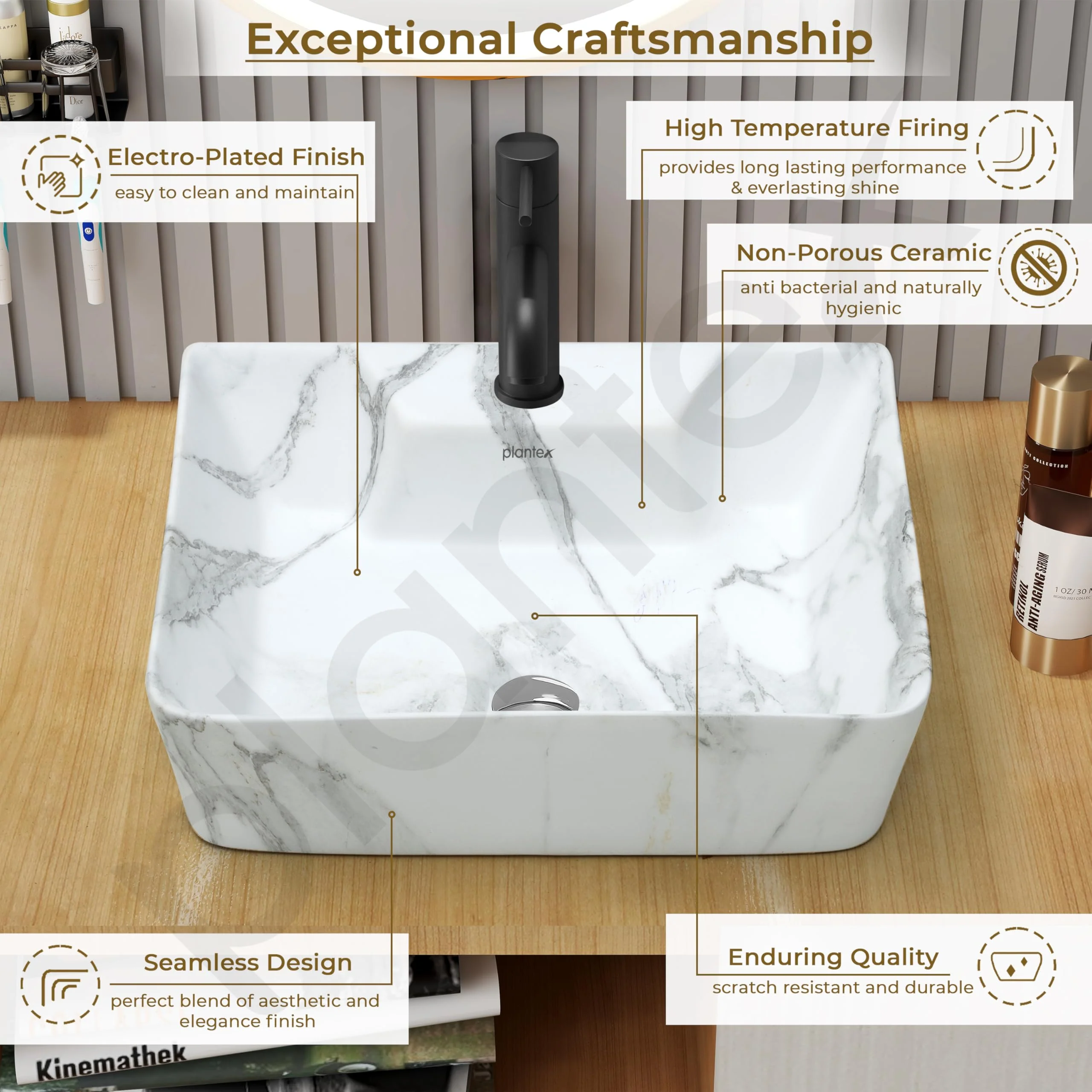 Plantex Ceramic Wash Basin for Bathroom/Rectangle Wall Mount Basin/Bathroom Sink/Washbasin for Restaurant/Hotel (Marble Finish - 16 x 12 x 5 Inch) - Image 4