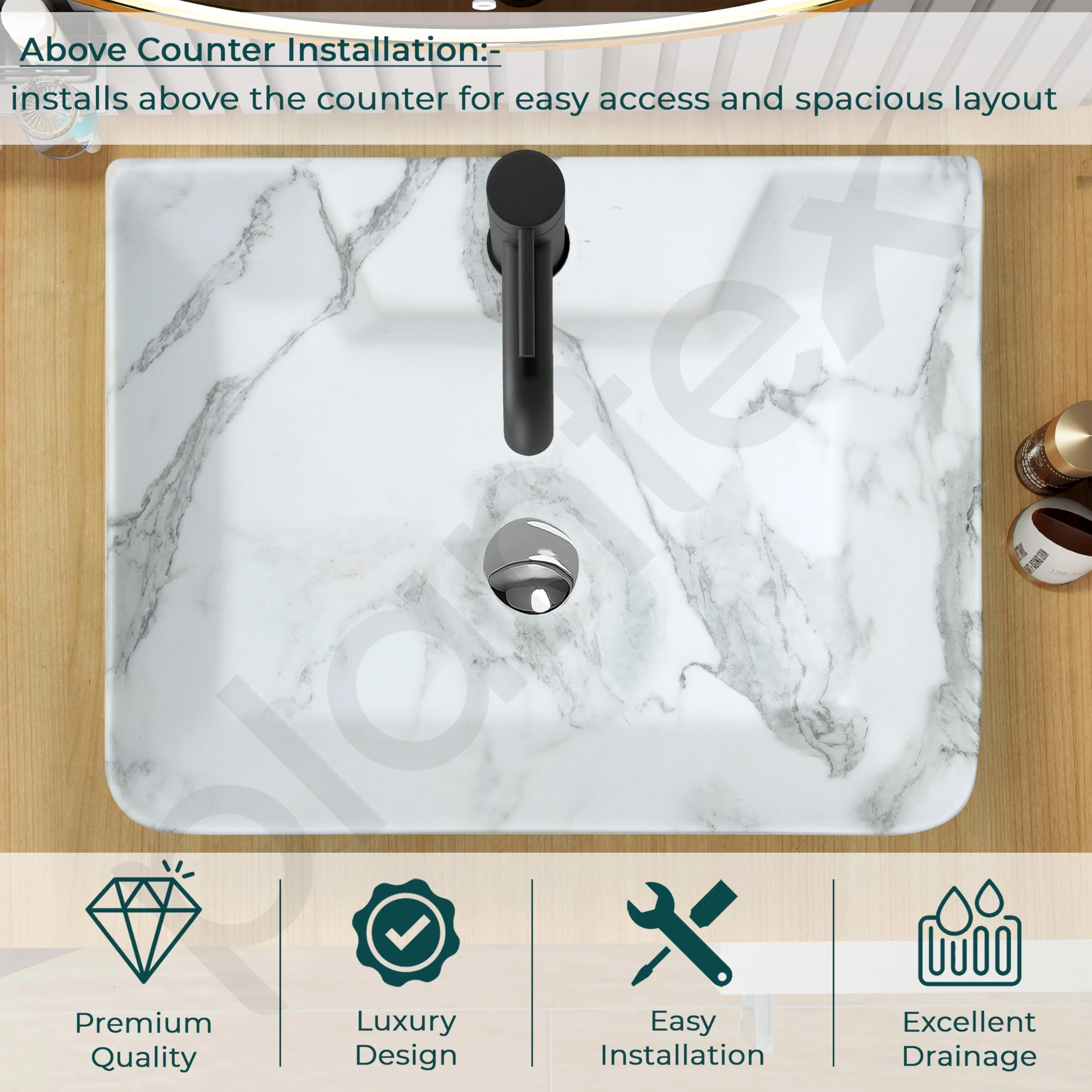 Plantex Ceramic Wash Basin for Bathroom/Rectangle Wall Mount Basin/Bathroom Sink/Washbasin for Restaurant/Hotel (Marble Finish - 16 x 12 x 5 Inch) - Image 5