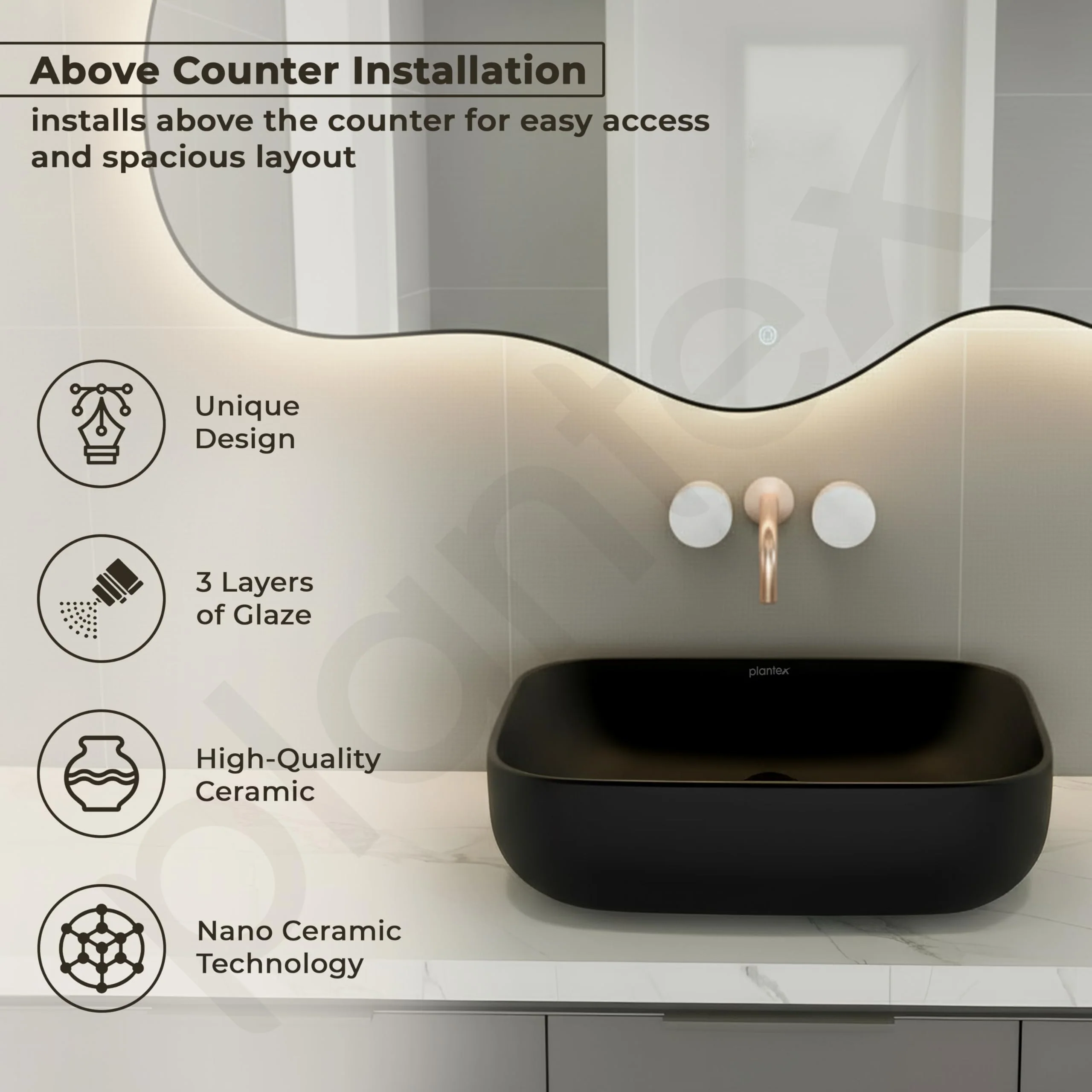 Plantex Ceramic Black Wash Basin for Bathroom/Table Top Basin/Washbasin for Bathroom (Matt Black - 18 x 13 x 5.5 Inch) - Image 2