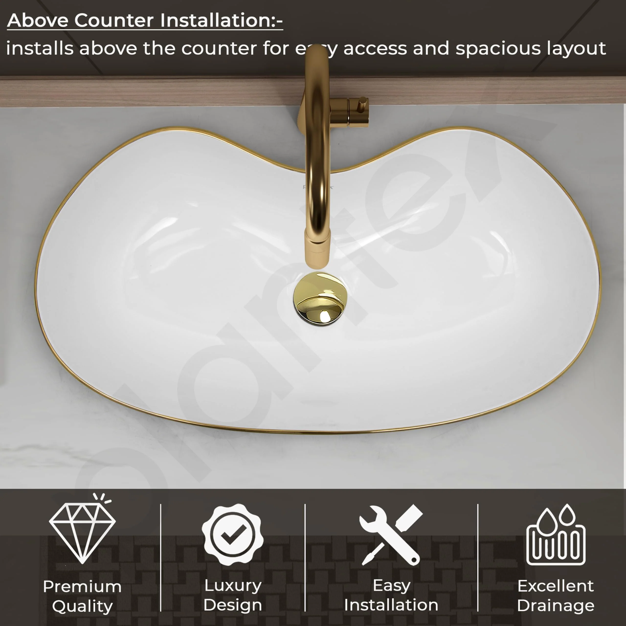 Plantex Ceramic Wash Basin for Bathroom/Table Top Washbasin/Designer Countertop Basin for Bathroom/Restaurants/Hotel (White&Gold - 24.5 x 13 x 5.5 Inch) - Image 5