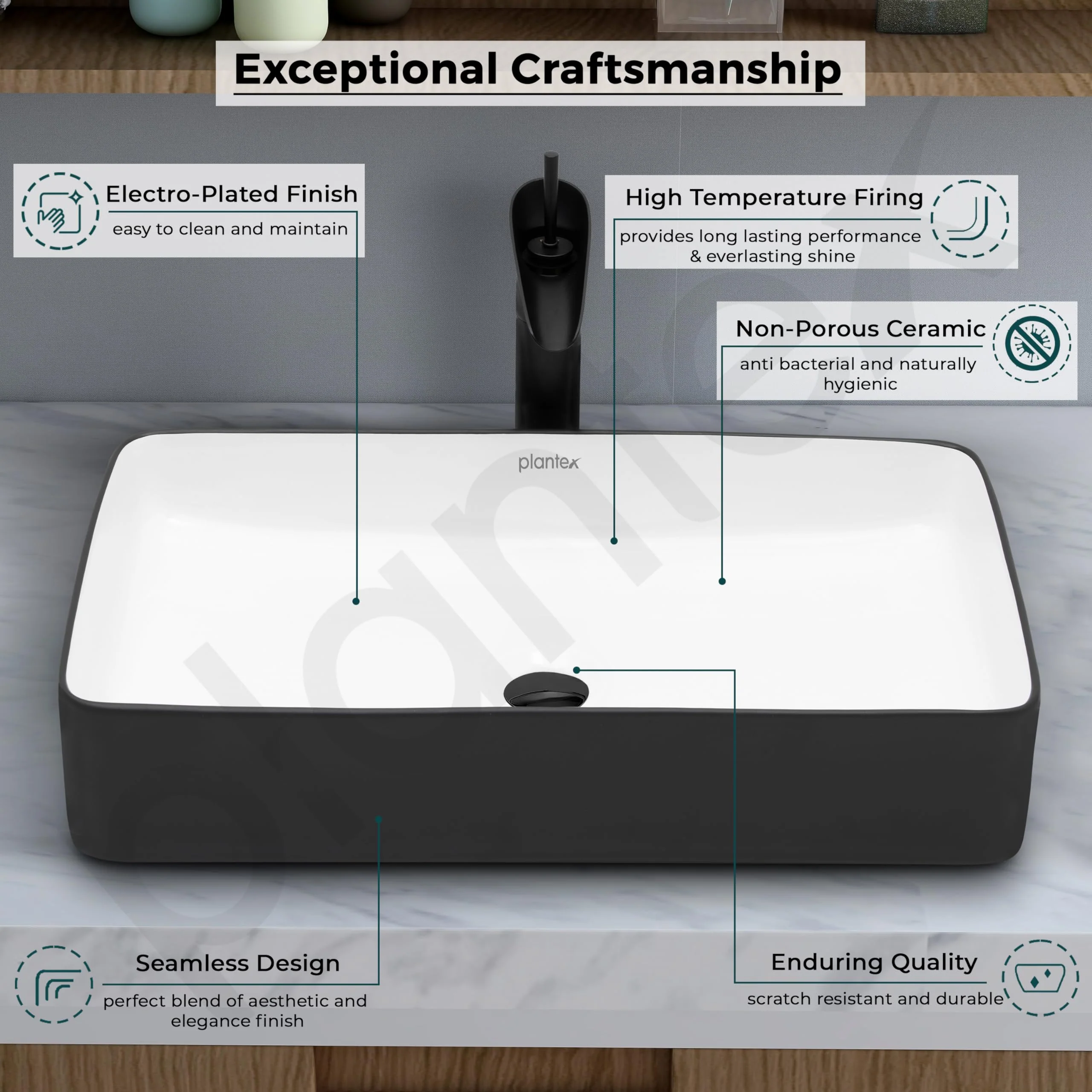Plantex Ceramic Wash Basin for Bathroom/Tabletop Washbasin/Counter Top Black Washbasin/Vessel Sink (White & Black-25x14x5 Inch) - Image 2