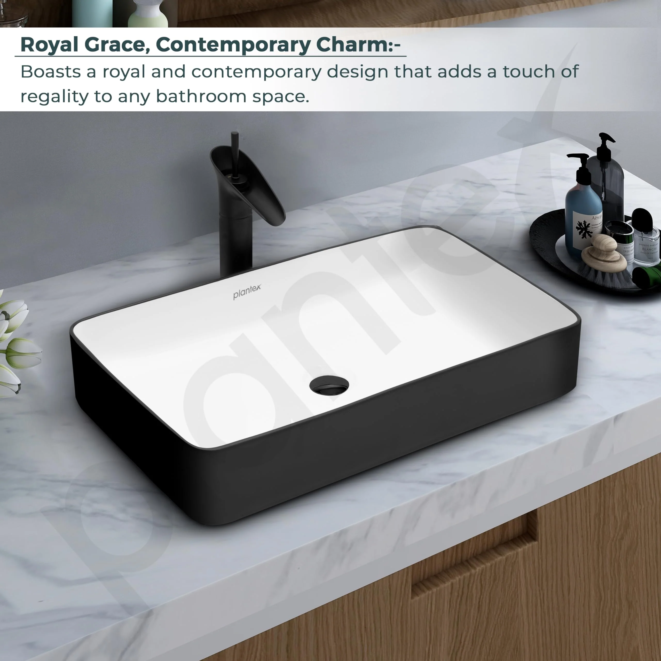 Plantex Ceramic Wash Basin for Bathroom/Tabletop Washbasin/Counter Top Black Washbasin/Vessel Sink (White & Black-25x14x5 Inch) - Image 5