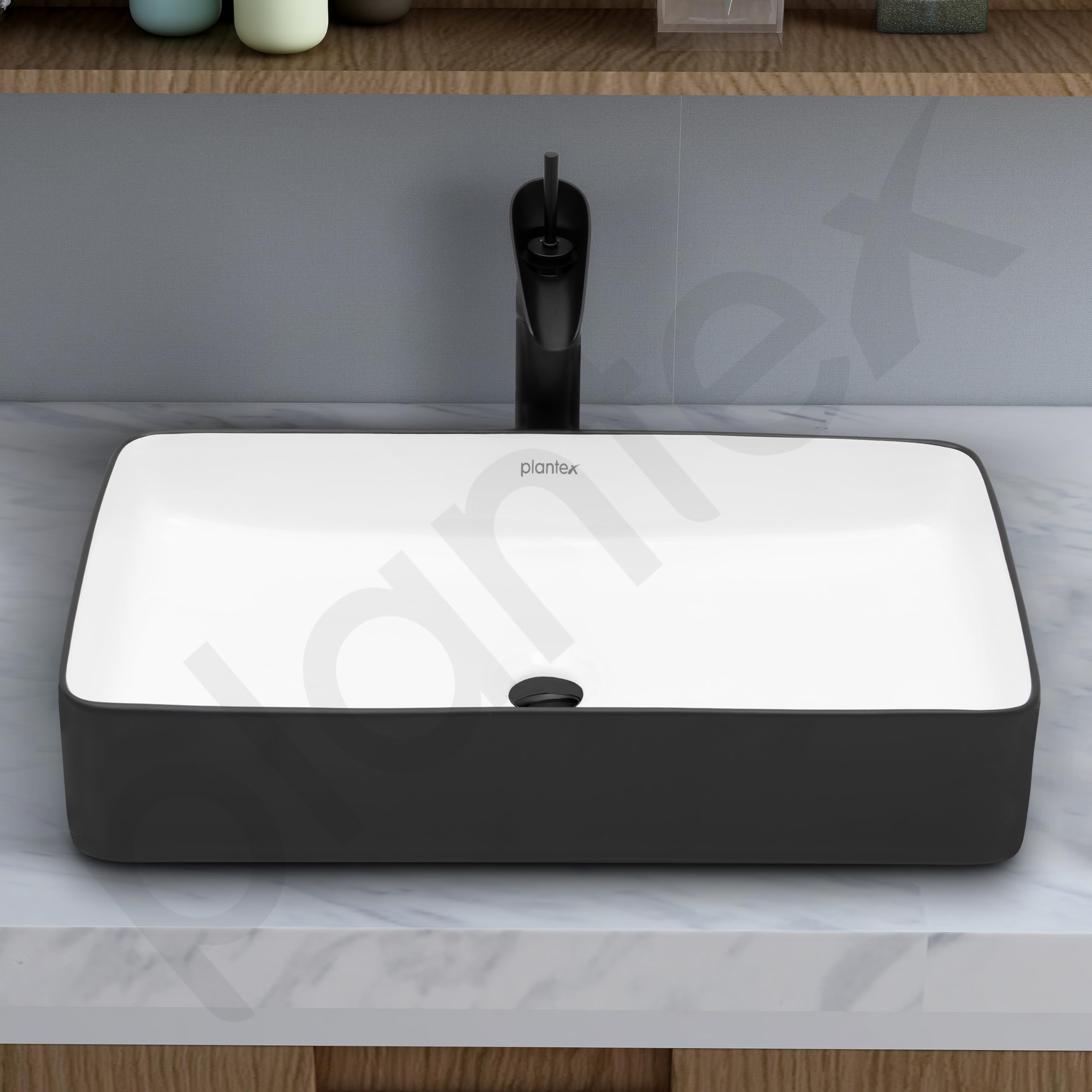 Plantex Ceramic Wash Basin for Bathroom/Tabletop Washbasin/Counter Top Black Washbasin/Vessel Sink (White & Black-25x14x5 Inch) - Image 6
