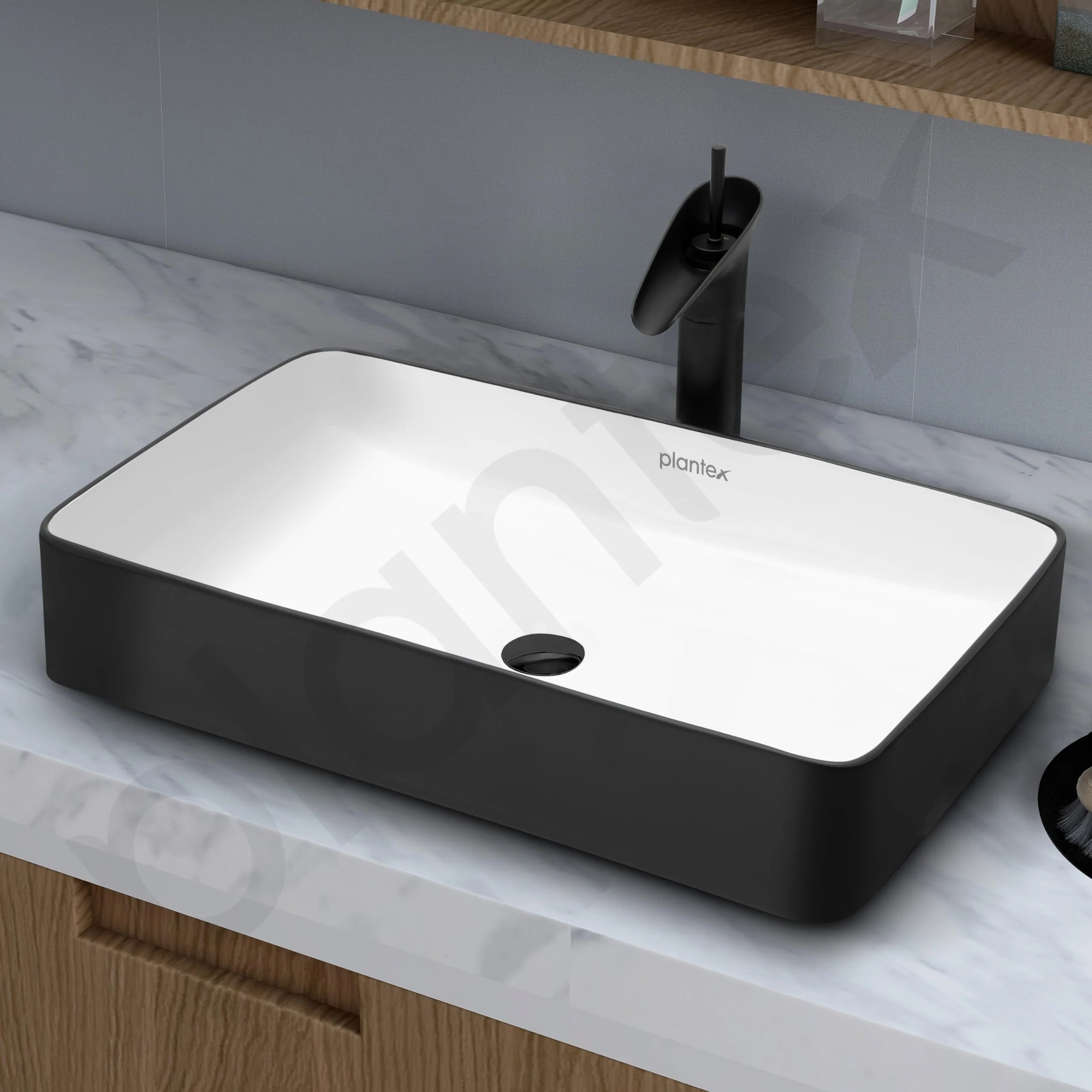 Plantex Ceramic Wash Basin for Bathroom/Tabletop Washbasin/Counter Top Black Washbasin/Vessel Sink (White & Black-25x14x5 Inch) - Image 7