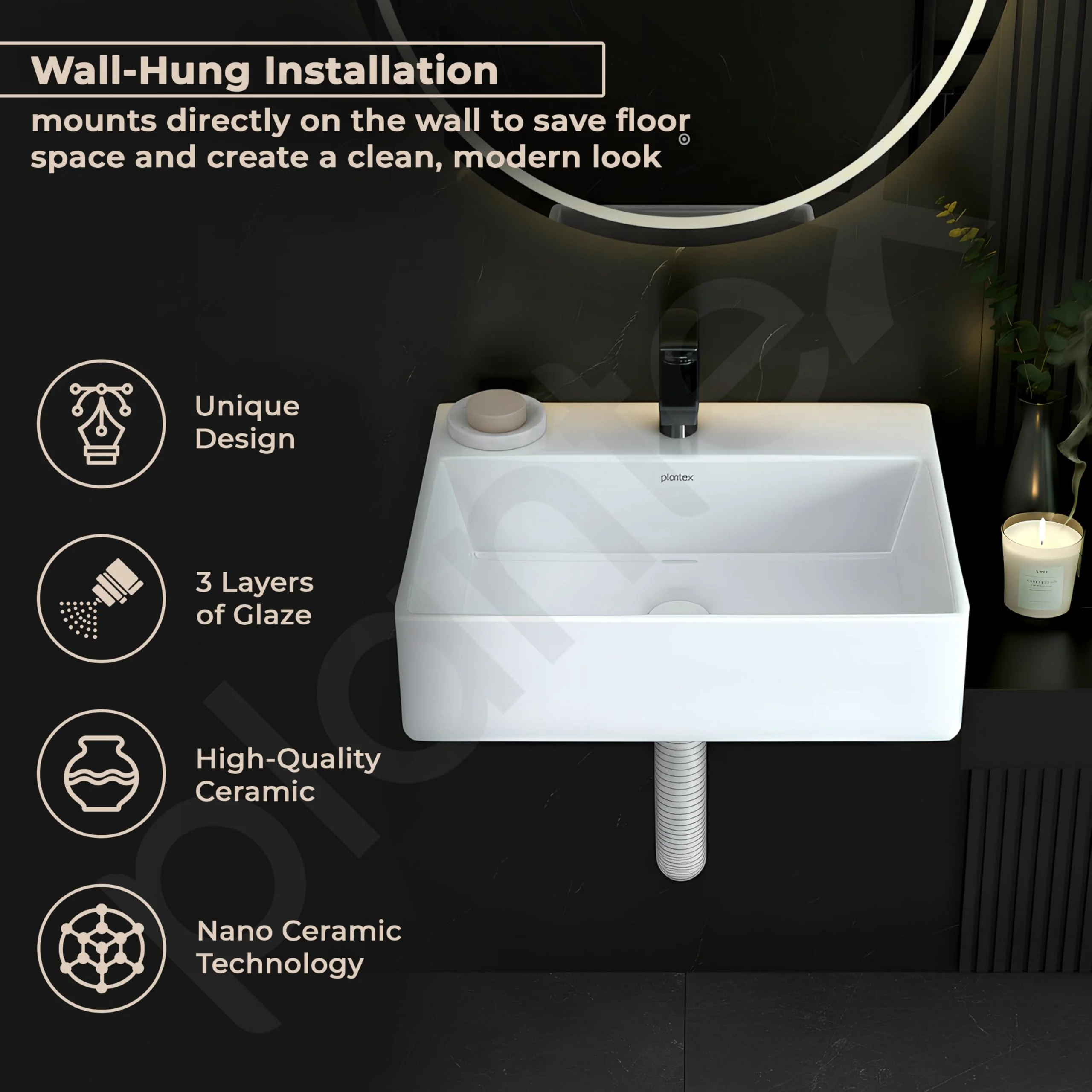 Plantex Ceramic Wash Basin for Bathroom/Wall Hung Basin with 10 Years Glaze Warranty by Plantex/Small Wall Mount Basin/Washbasin for Restaurant, Hotel(Glossy White/Cubic - 17 x 13.5 x 5 Inch) - Image 2
