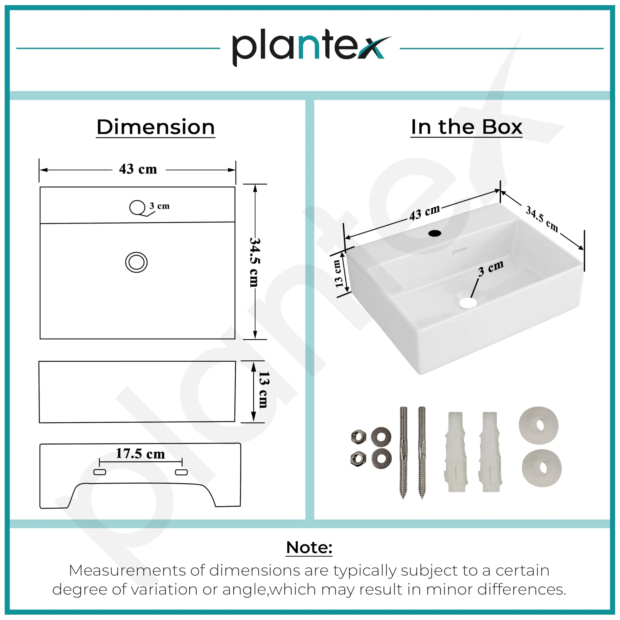 Plantex Ceramic Wash Basin for Bathroom/Wall Hung Basin with 10 Years Glaze Warranty by Plantex/Small Wall Mount Basin/Washbasin for Restaurant, Hotel(Glossy White/Cubic - 17 x 13.5 x 5 Inch) - Image 3