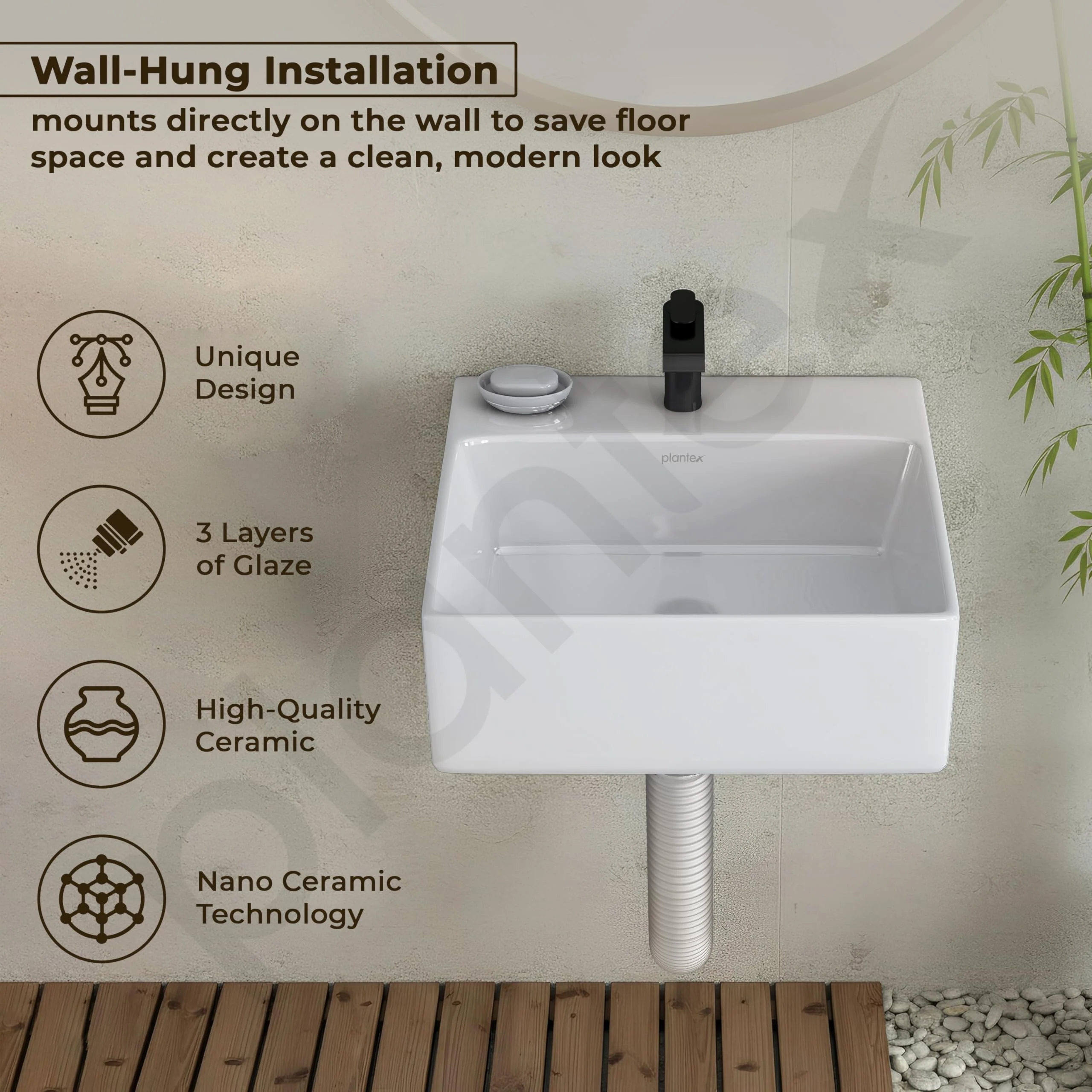 Plantex Ceramic Wash Basin for Bathroom/Wall Hung Basin/Bathroom Sink with 10 Years Glaze Warranty by Plantex/Washbasin for Restaurant/Hotel (Glossy White/Cuba - 14 x 12 x 5 Inch) - Image 2