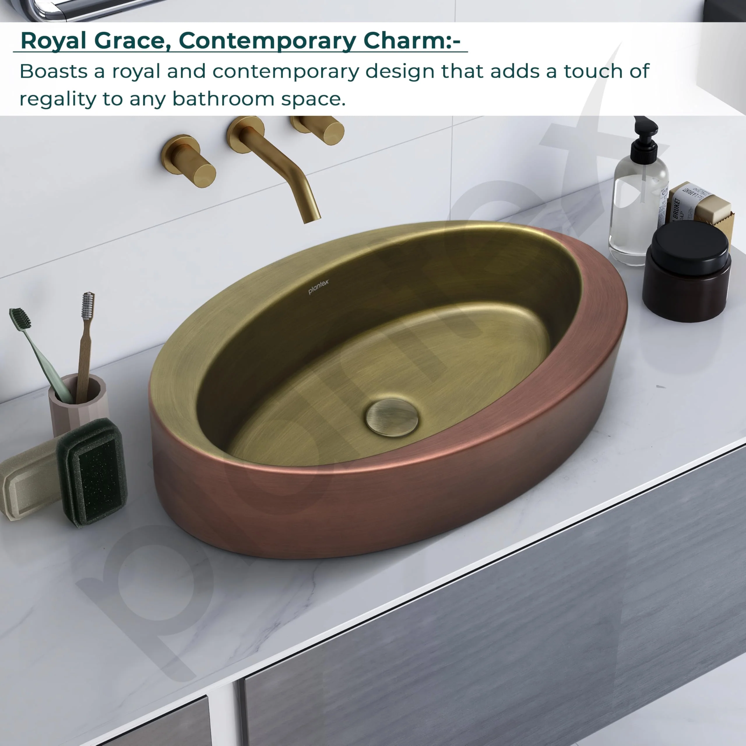 Plantex Ceramic Washbasin/Basin for Bathroom/Oval Tabletop Wash Basin/Countertop Vessel Sink for Home, Office – (Brass & Copper Antique - 24 x 15 x 6 Inch) - Image 2