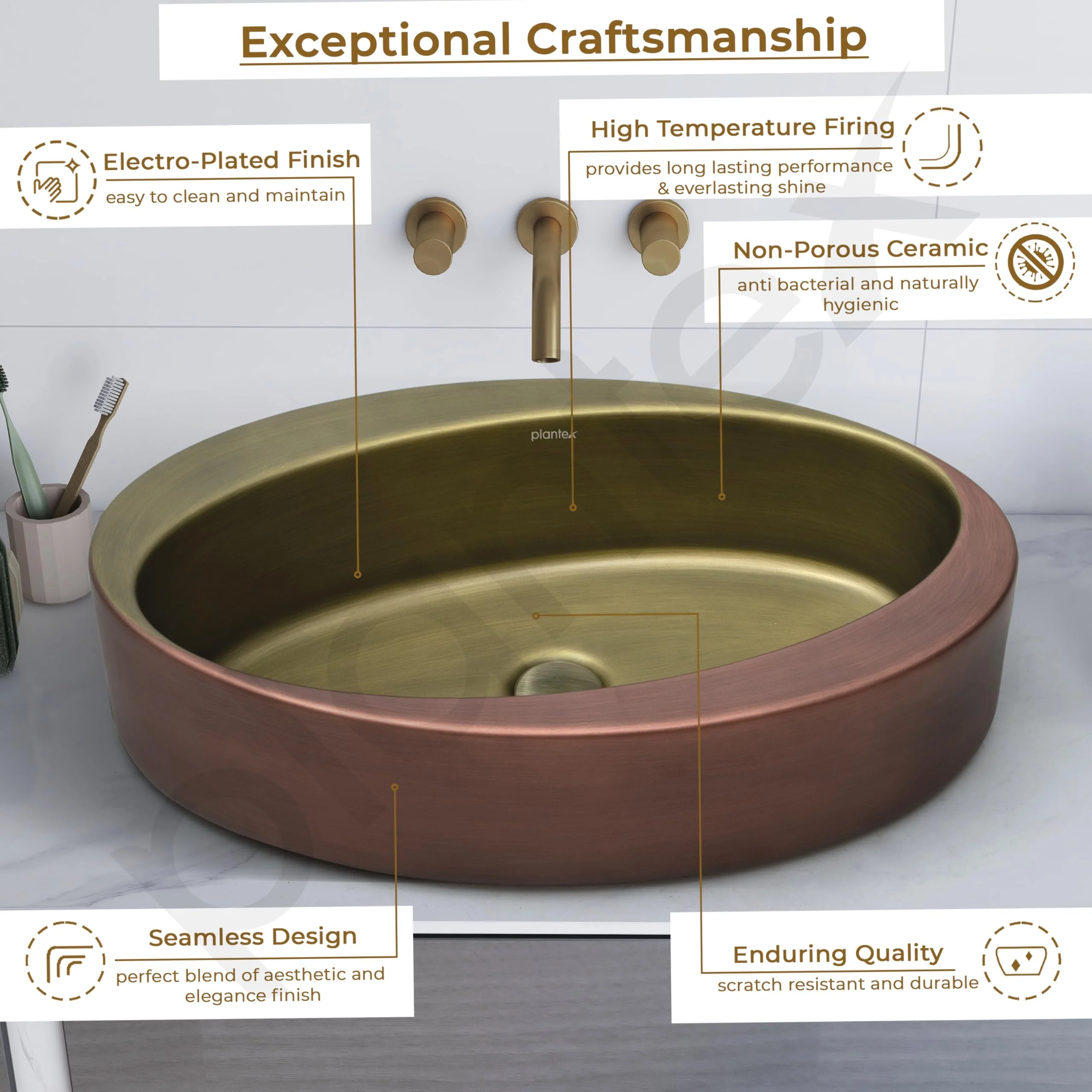 Plantex Ceramic Washbasin/Basin for Bathroom/Oval Tabletop Wash Basin/Countertop Vessel Sink for Home, Office – (Brass & Copper Antique - 24 x 15 x 6 Inch) - Image 4