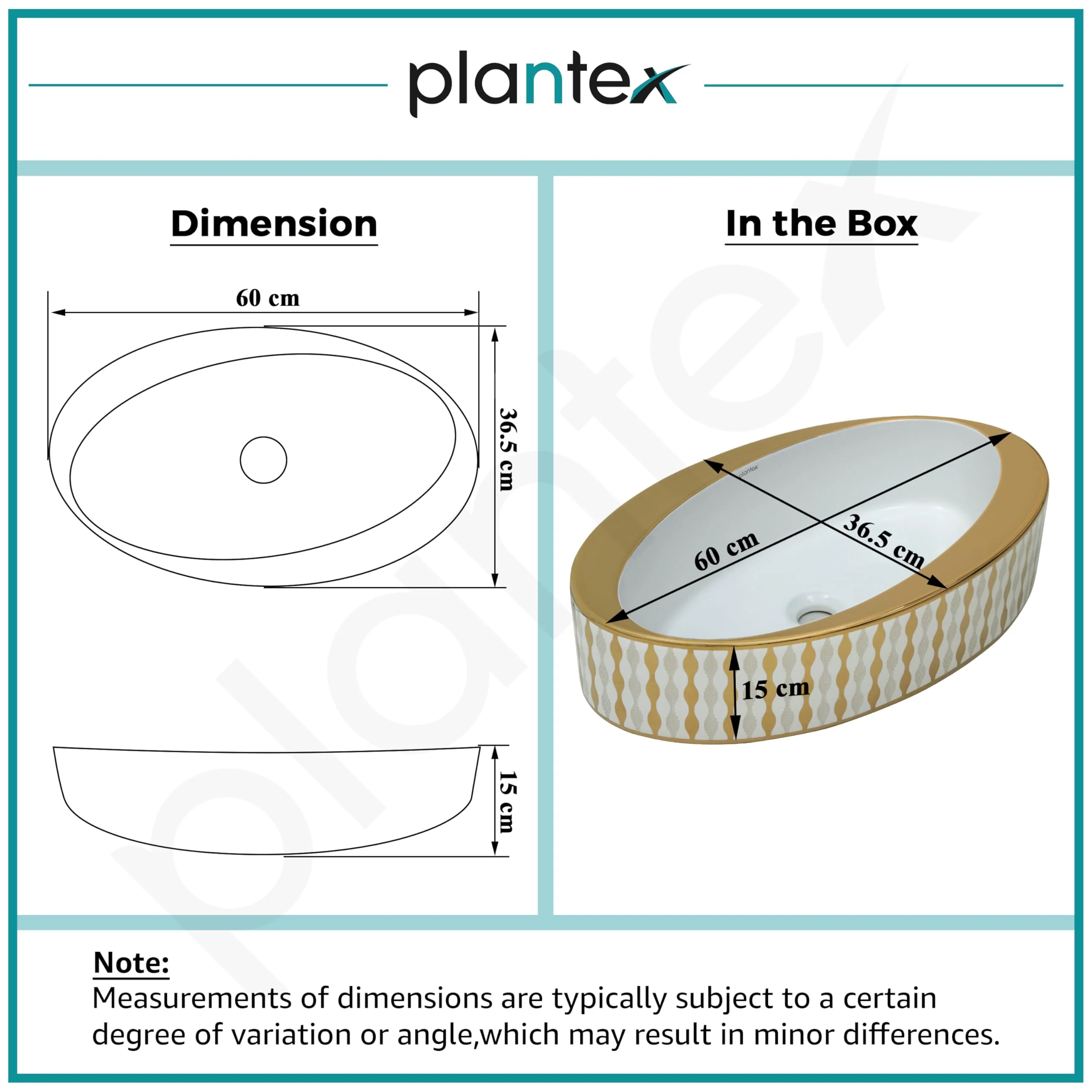 Plantex Ceramic Washbasin/Designer Basin for Bathroom/Oval Tabletop Basin/Countertop Vessel Sink for Home/Office/Restaurant (Gold & White - 24 x 14 x 10 Inch) - Image 3