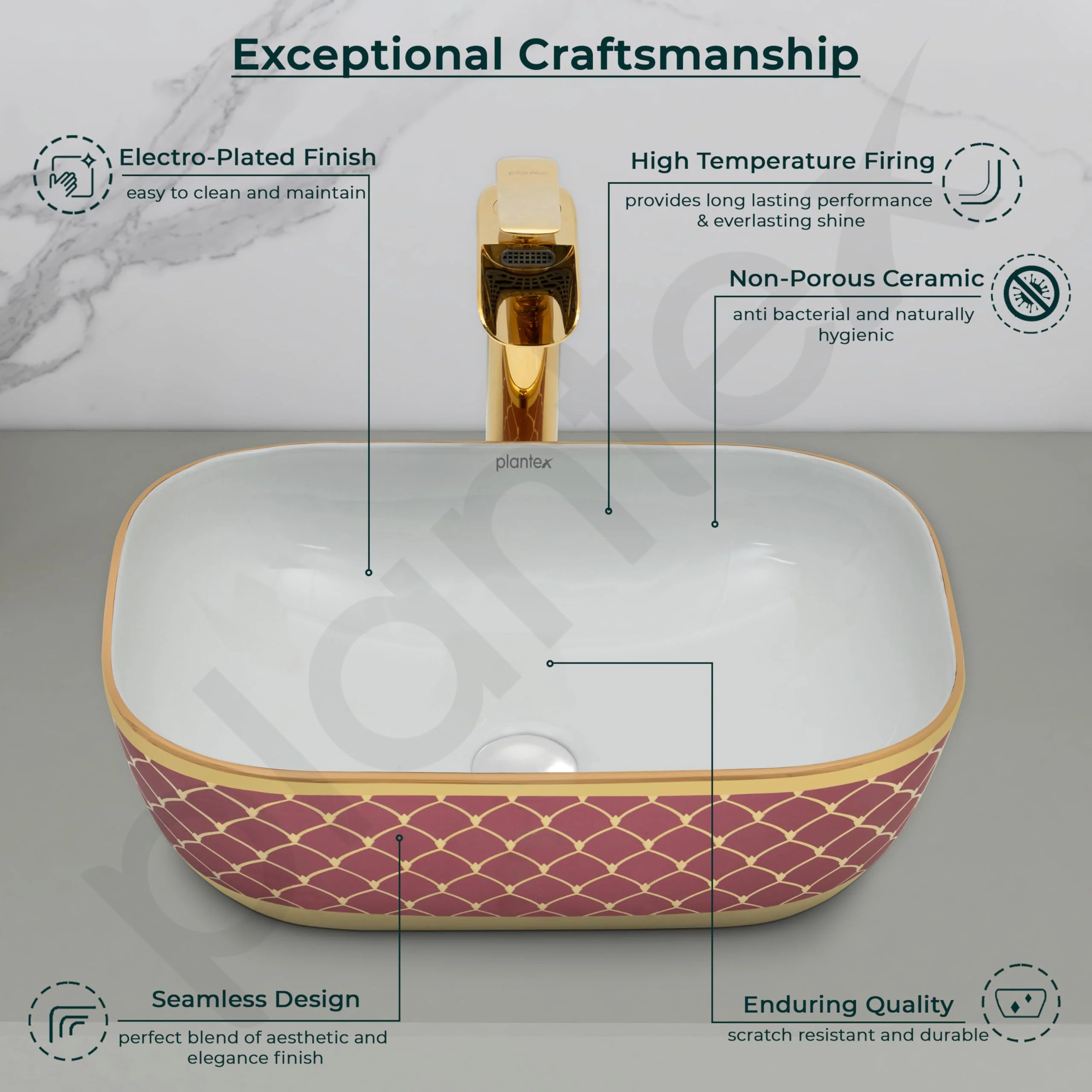 Plantex Ceramic Washbasin for Bathroom/Table Top Wash Basin/Countertop Vessel Sink Basin - Indo-European Collection - (NC-104,18 x 13 x 5 Inch) - Image 3
