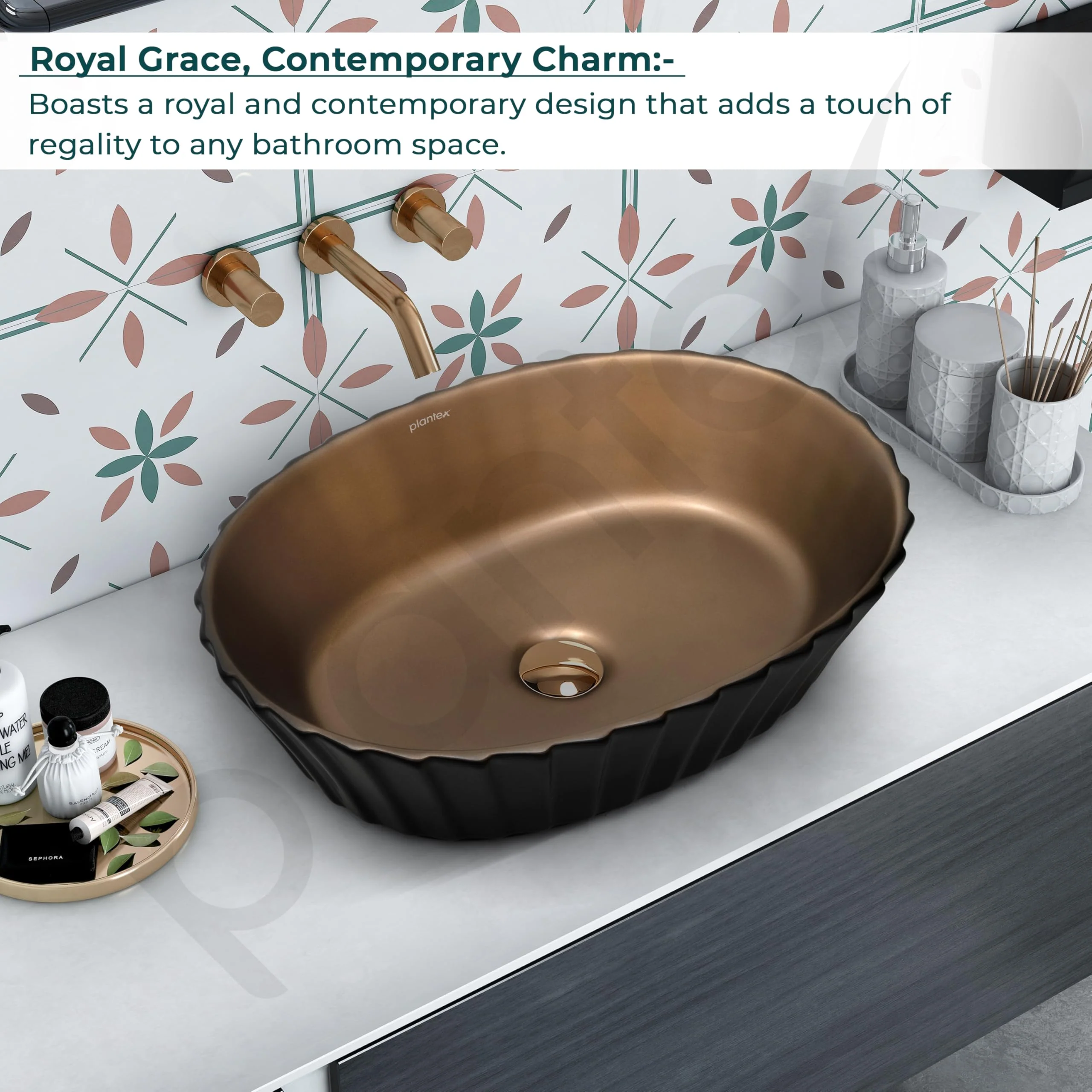 Plantex Ceramic Washbasin for Bathroom/Tabletop Wash Basin/Countertop Vessel Sink for Home/Office/Hotel (Black & Red Copper - 19.5 x 15 x 5.5 Inch) - Image 2