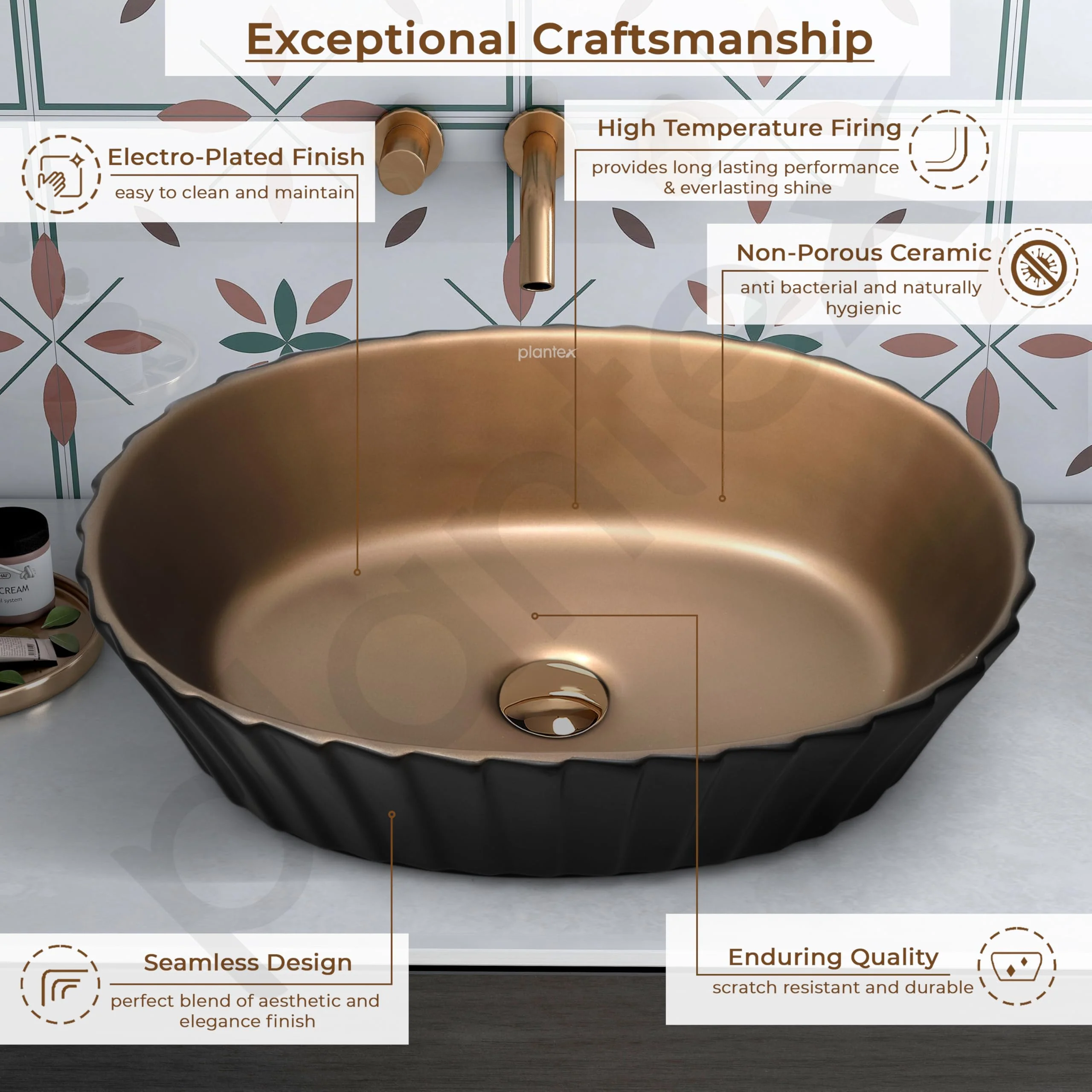 Plantex Ceramic Washbasin for Bathroom/Tabletop Wash Basin/Countertop Vessel Sink for Home/Office/Hotel (Black & Red Copper - 19.5 x 15 x 5.5 Inch) - Image 4
