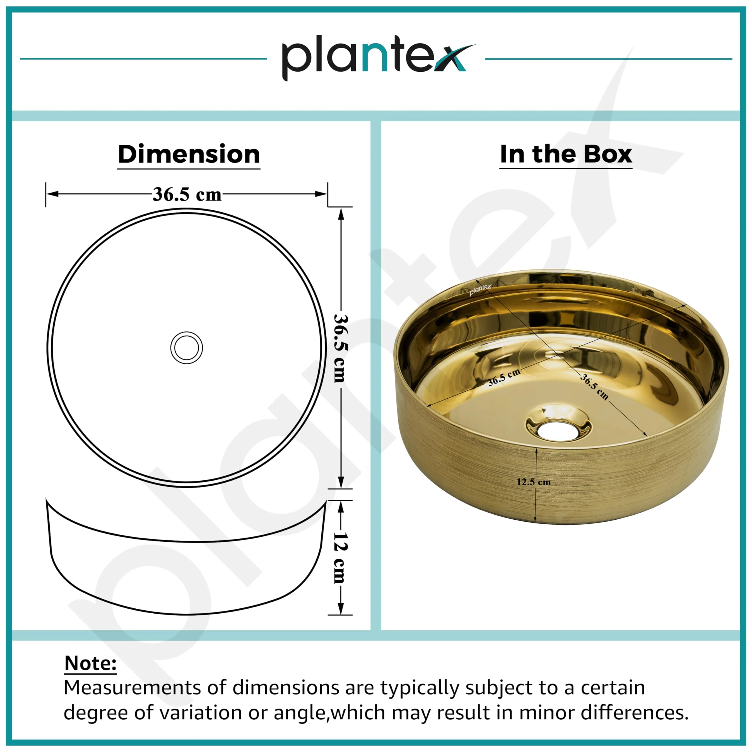 Plantex Ceramic Washbasin/Tabletop Wash Basin/Countertop Vessel Sink for Bathroom/Livingroom Decor - Indo-European Collection (Gold,14.4 x 14.4 x 5 Inch) - Image 3