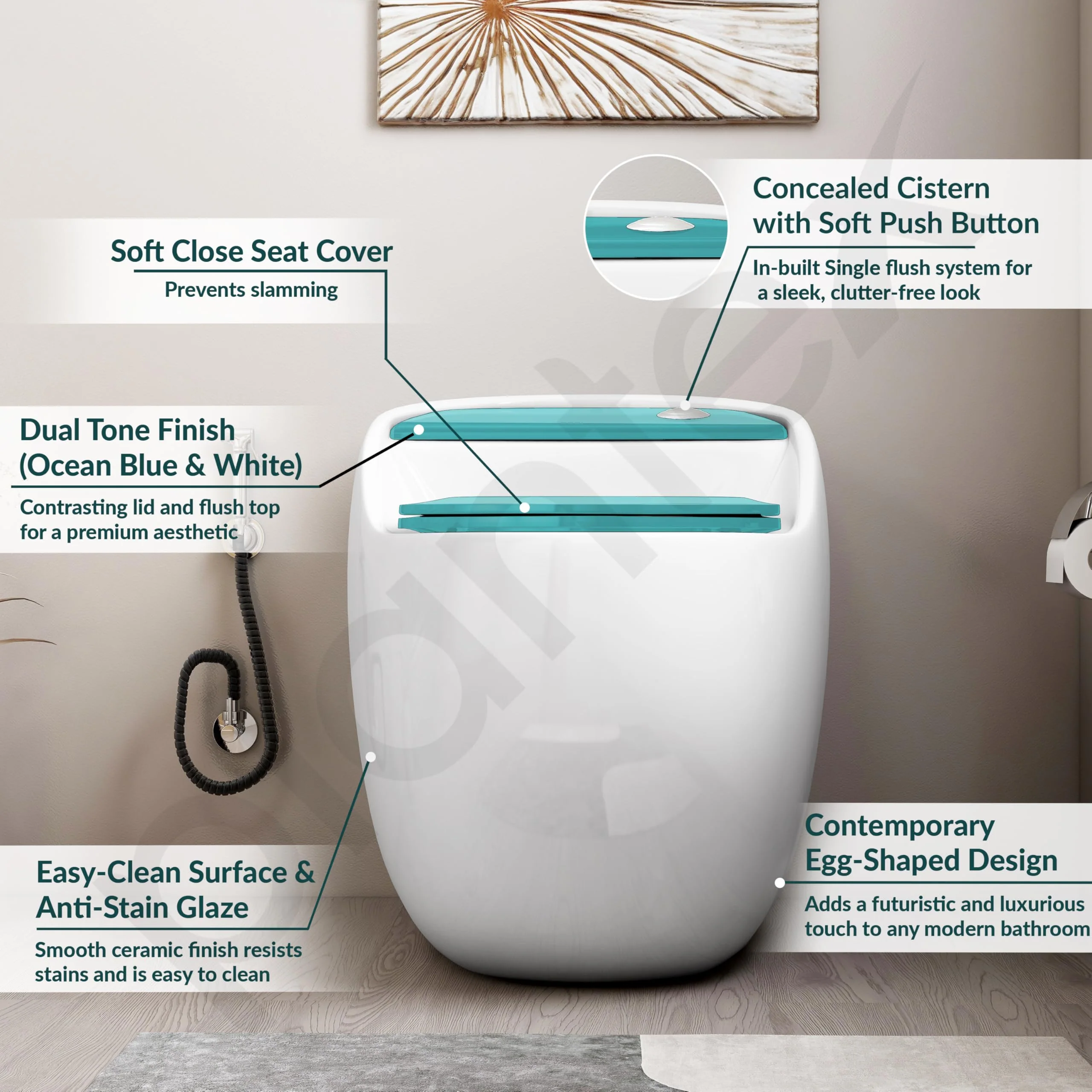 Plantex Ceramic Western Commode/Floor Mount Commode for Toilet/Rimless Siphonic One Piece Western Toilet- S Trap Outlet (White & Ocean Blue) - Image 2