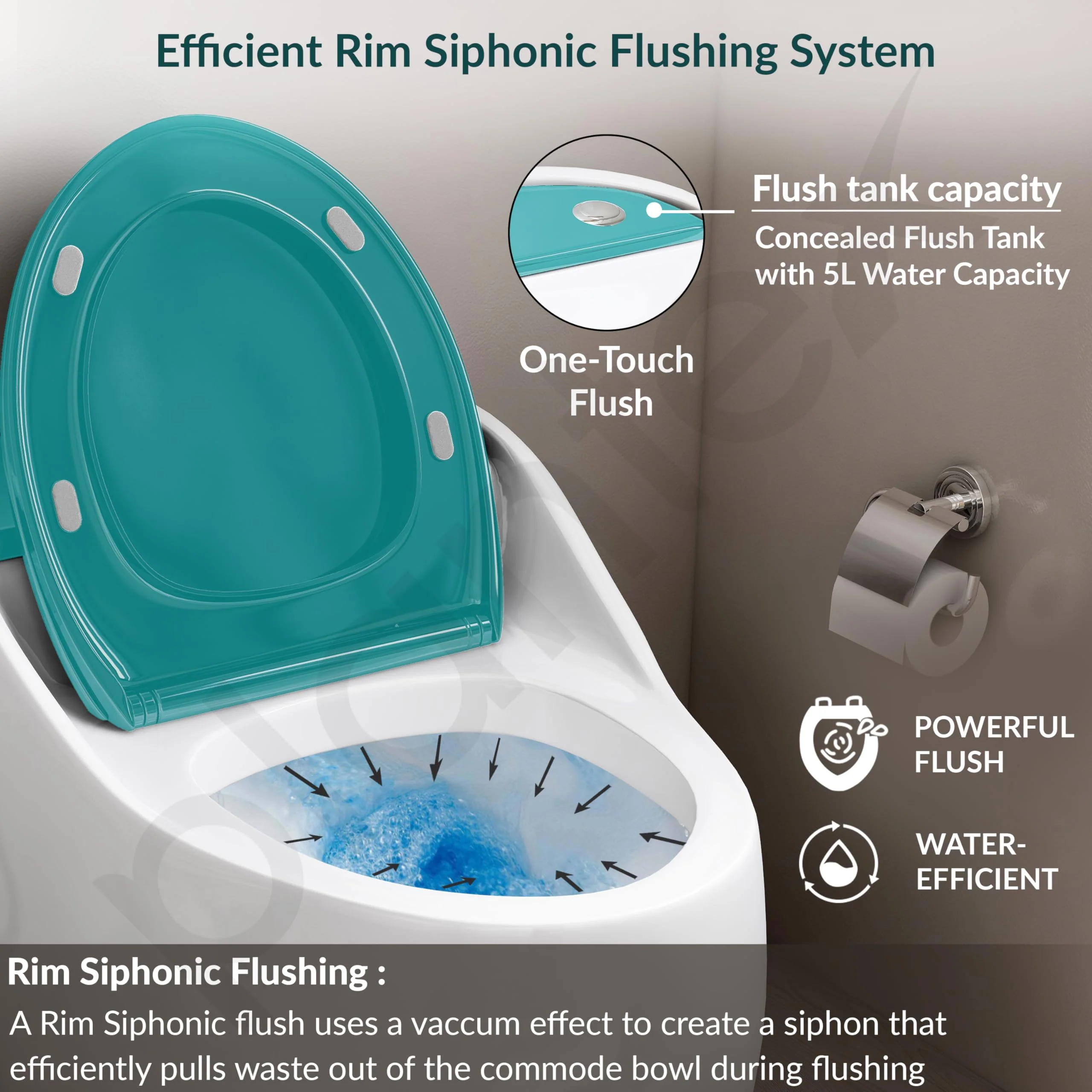 Plantex Ceramic Western Commode/Floor Mount Commode for Toilet/Rimless Siphonic One Piece Western Toilet- S Trap Outlet (White & Ocean Blue) - Image 3
