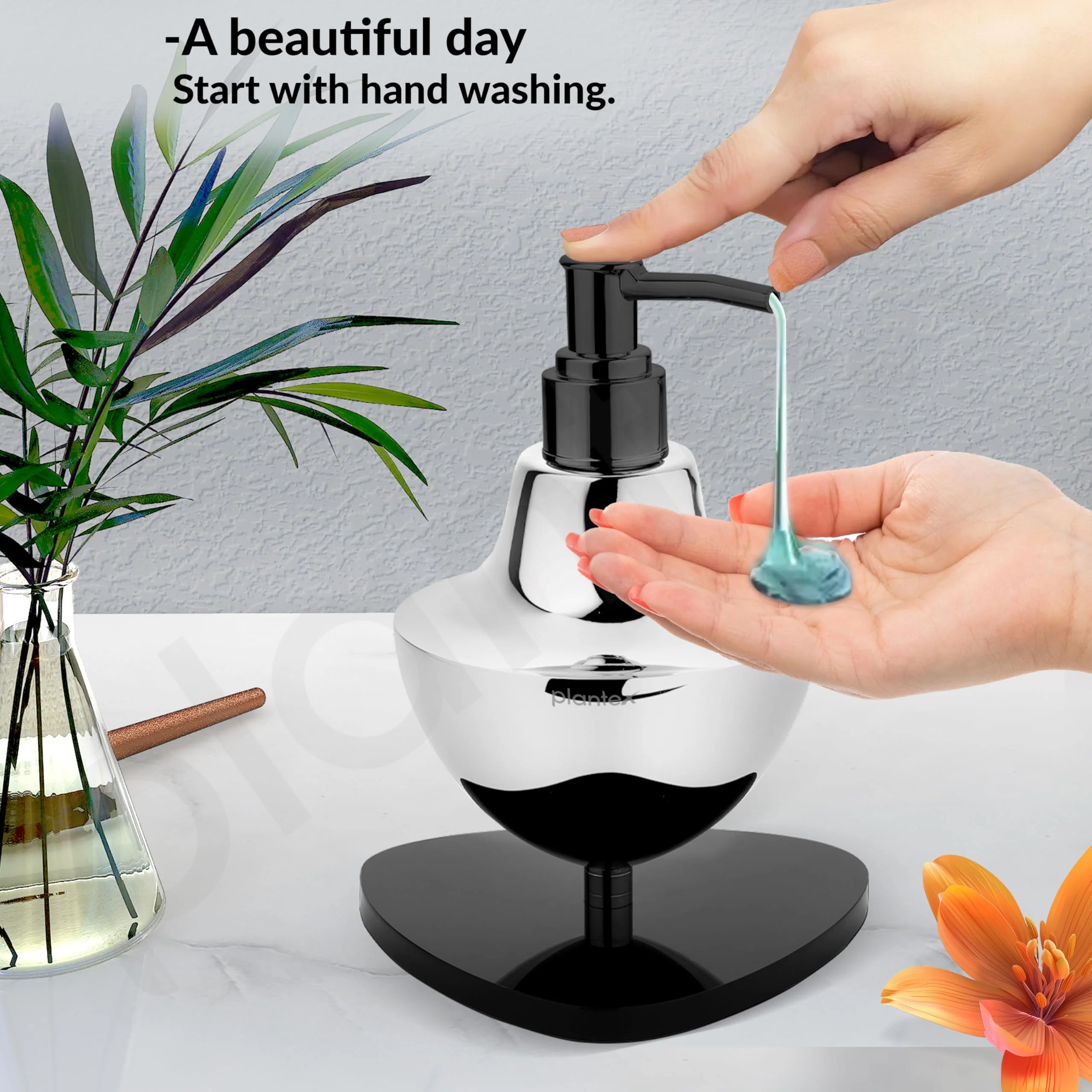 Plantex Chrome & Black Stainless Steel and Acrylic Shampoo Dispenser for Bathroom/Handwash Dispenser - Pack of 1 - Image 5