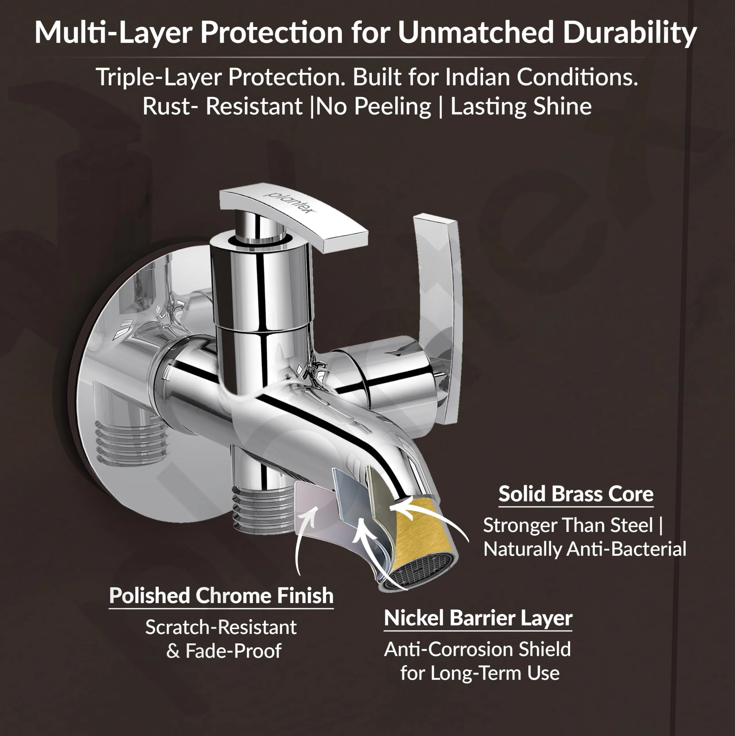 Plantex COL-1007 Pure Brass 2 in 1 Tap for Washing Machine with Water Saving Aerator /2-Way Bib Cock for Bathroom with Brass Wall Flange & Teflon Tape (Mirror-Chrome Finish) - Image 5
