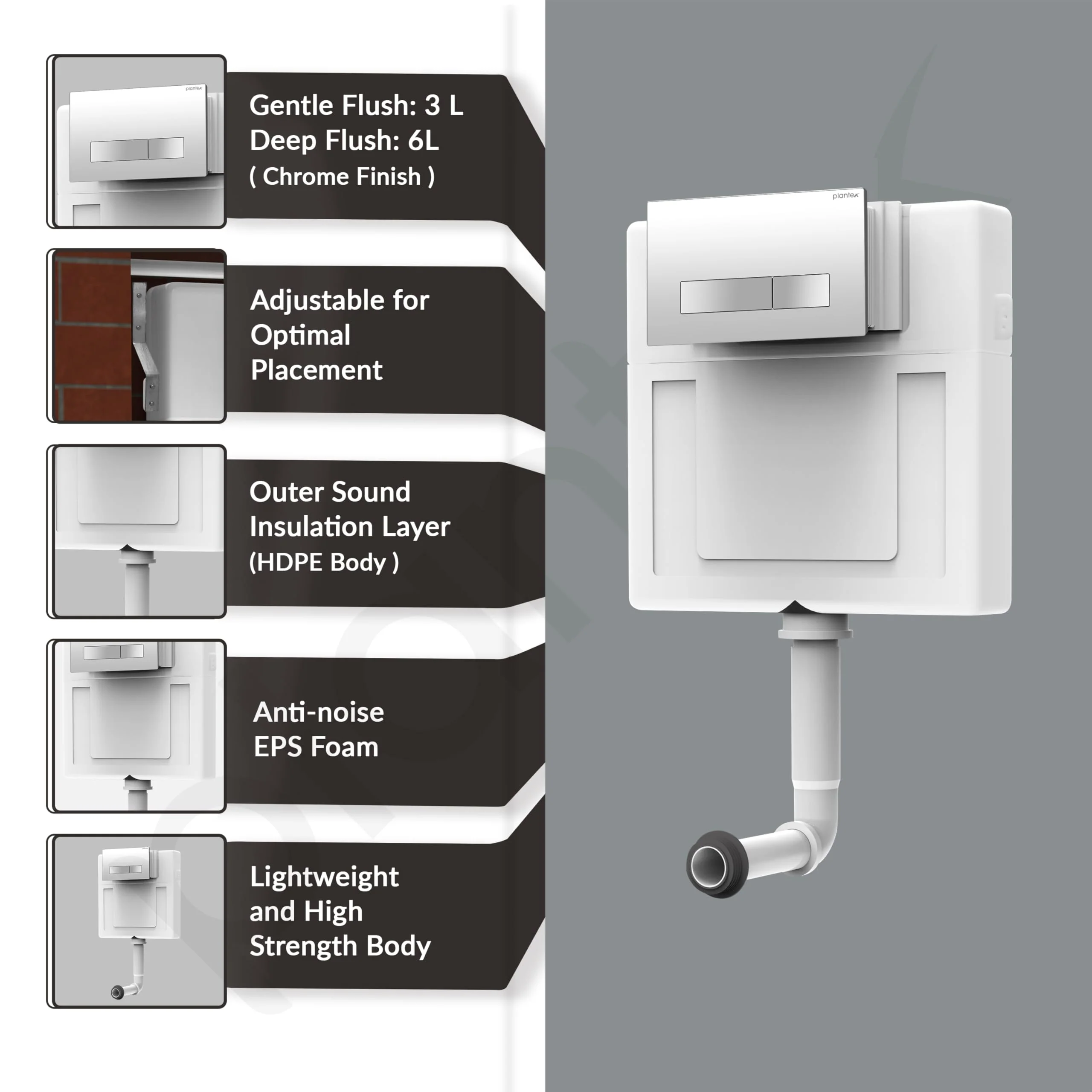 Plantex Concealed Tank for Commode/Cistern Flush Tank for Toilet with 8 LTR Capacity/Flushing Cistern Tank/Slim and Stylish Dual Flush Tank with All Internal Accessories - Pack of 1 (White) - Image 4