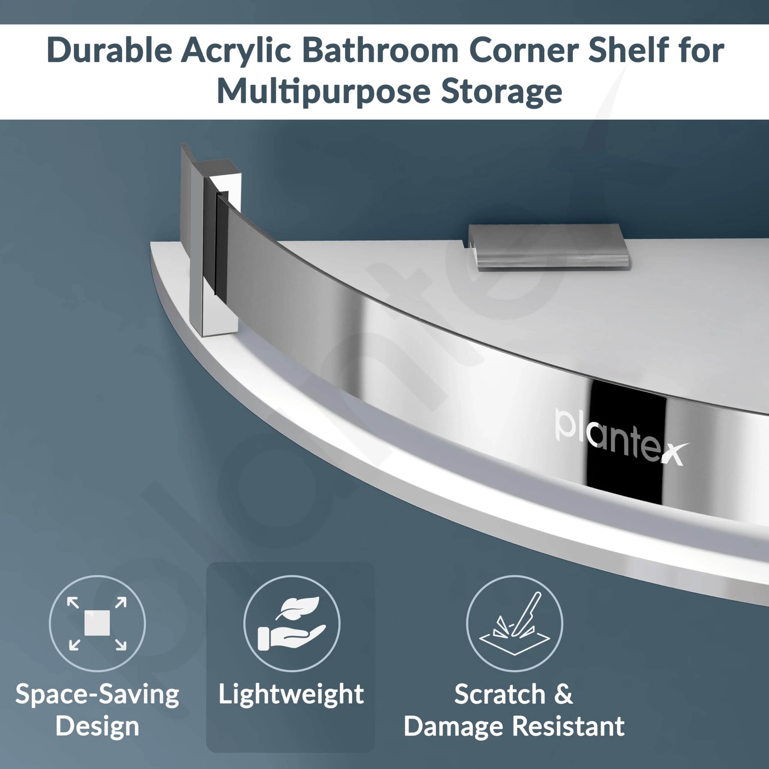 Plantex Corner Shelf for Bathroom Acrylic/Wall Mounted Storage Shelf with Stainless Steel Railings/Bathroom Accessories (White, 12x12 Inches) - Image 3