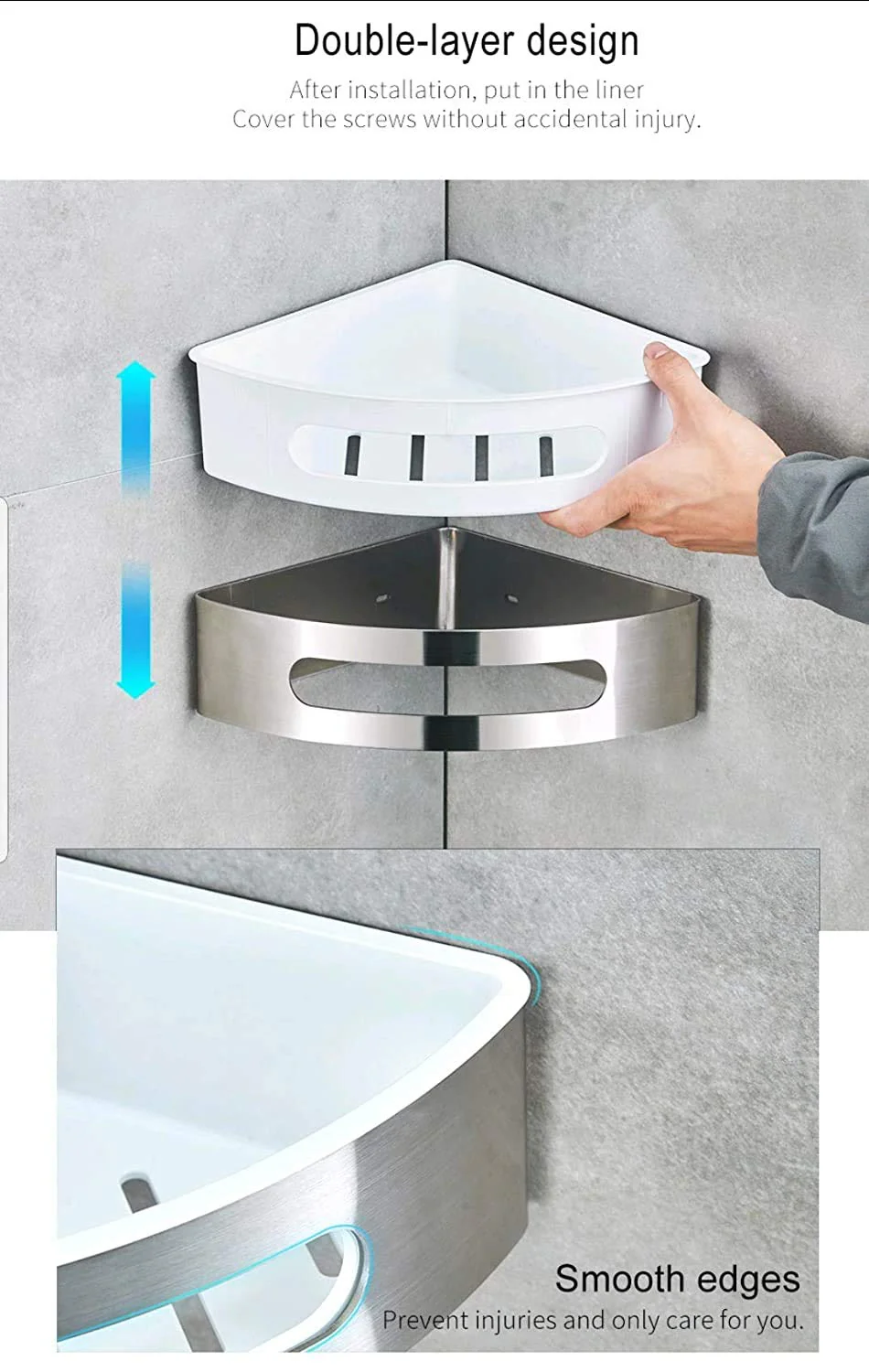 Plantex Corner Shelf for Bathroom Wall / 304 Grade Stainless Steel Bathroom Corner Rack/Bathroom Organizer/Kitchen Side Corner Shelf/Kitchen Shelf -(Silver and White, 9x9 inches) - Image 2