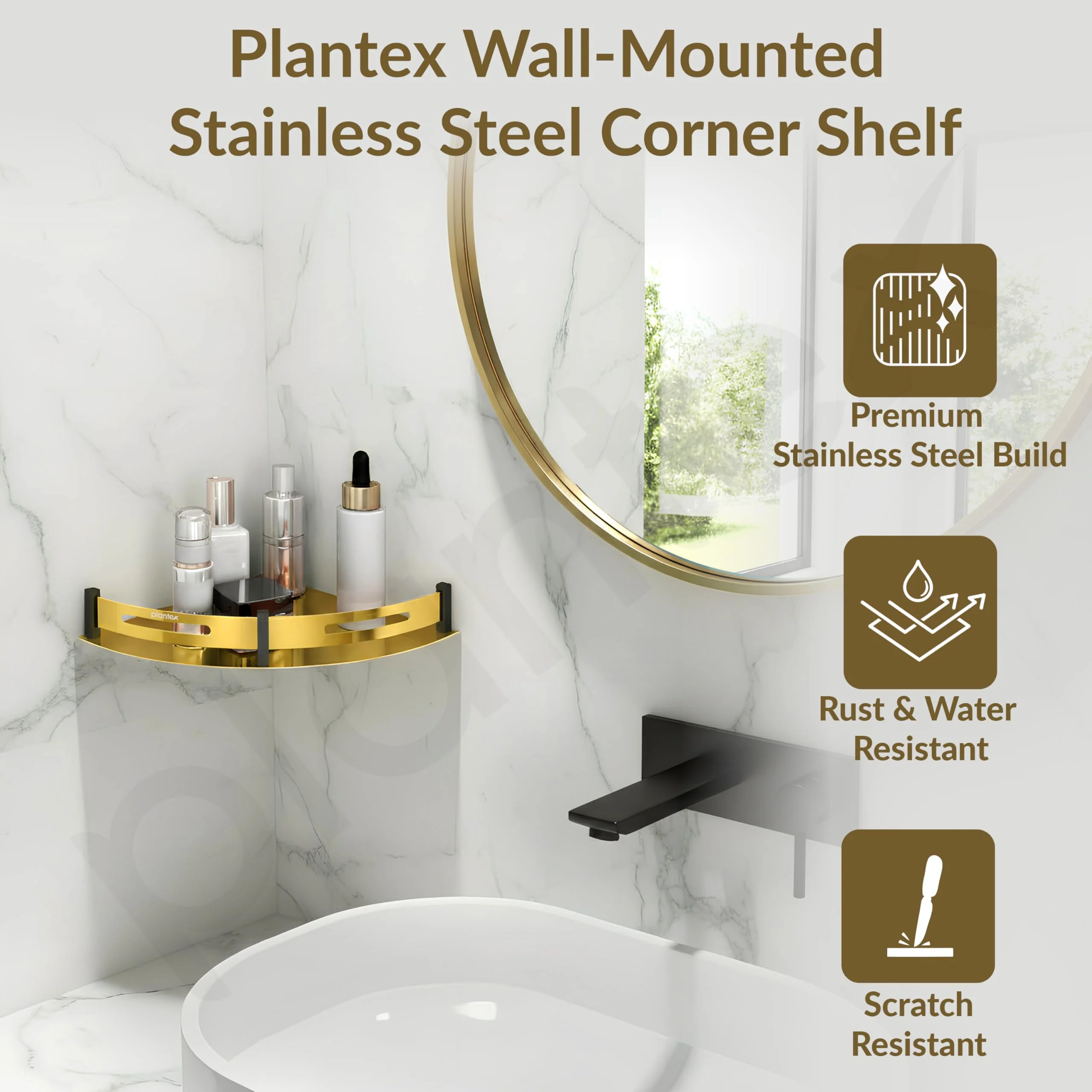 Plantex Corner Shelf for Bathroom Wall Mount/Stainless Steel Bathroom Corner Shelf with Railings/Bathroom Accessories Holder for Wall (9x9 inches, PVD Gold & Black) - Image 2