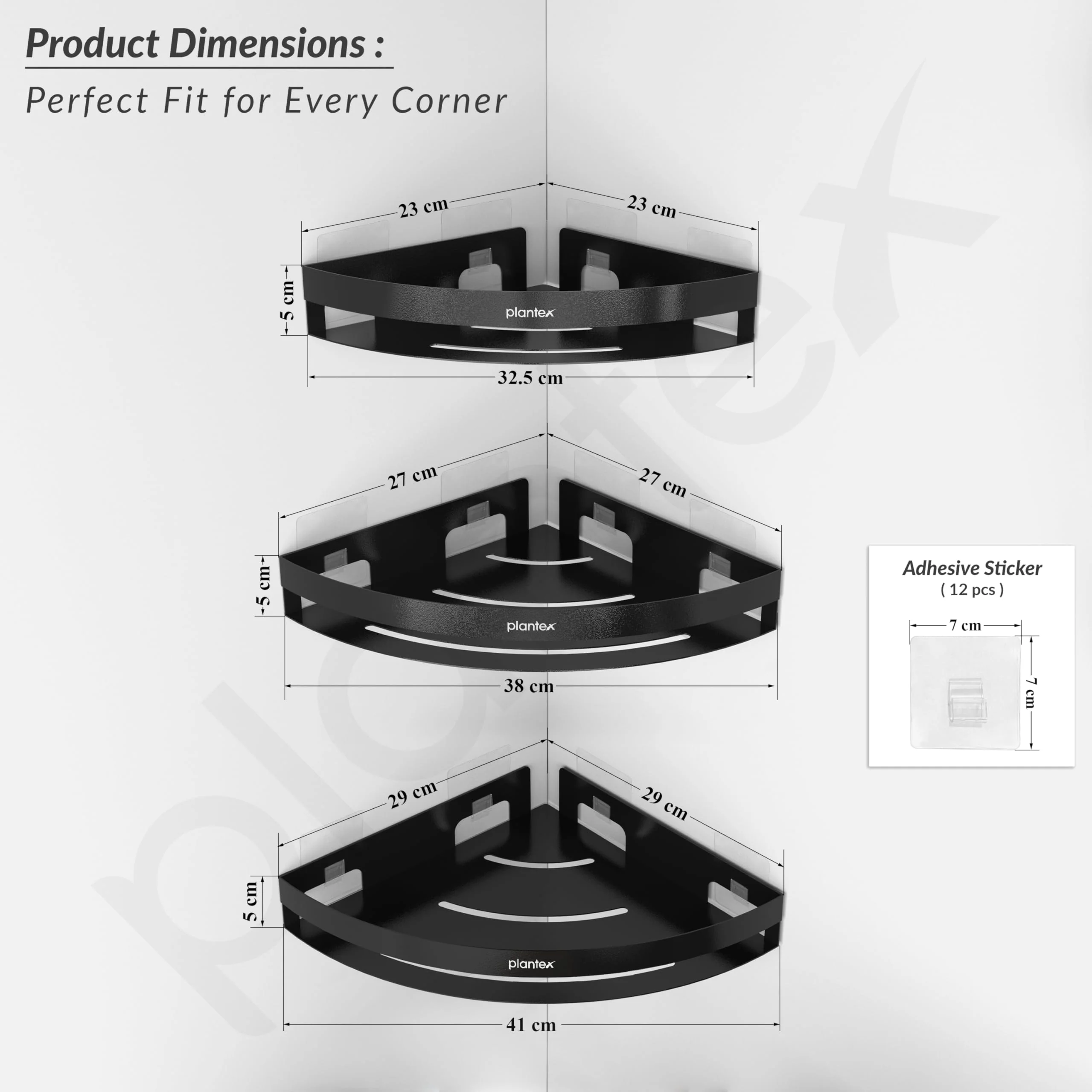 Plantex Corner Shelf for Bathroom Wall/Self Adhesive Bathroom Corner Shelf/Bathroom Organizer Without Drill - Pack of 3 (Black) - Image 3