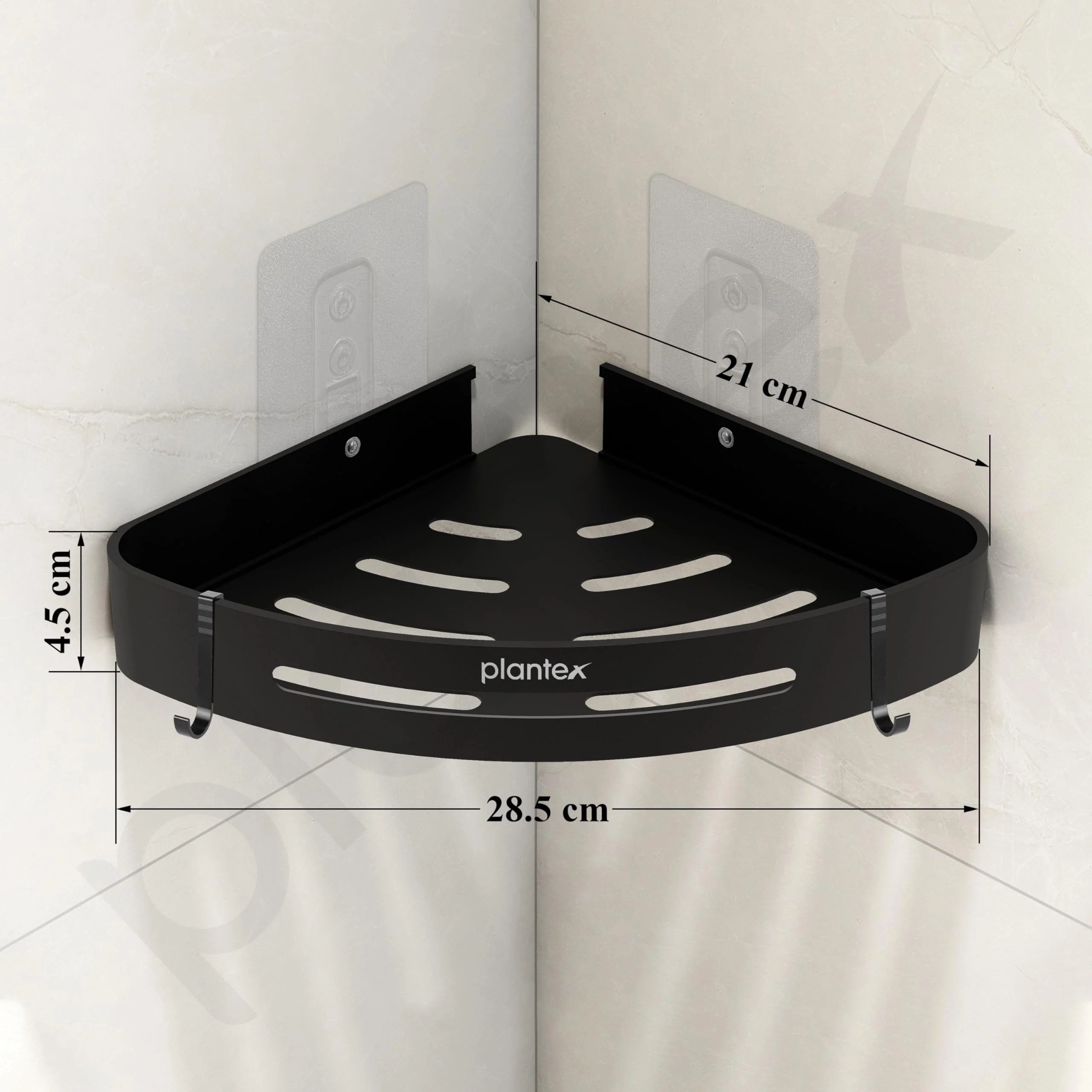 Plantex Corner Shelf for Bathroom Wall/Self Adhesive Bathroom Shelf/Aluminium Shelf Corner Organiser Without Drill/Adhesive Corner Shelf Rack- Pack of 2 (9x9 Inch, Matt Black) - Image 3