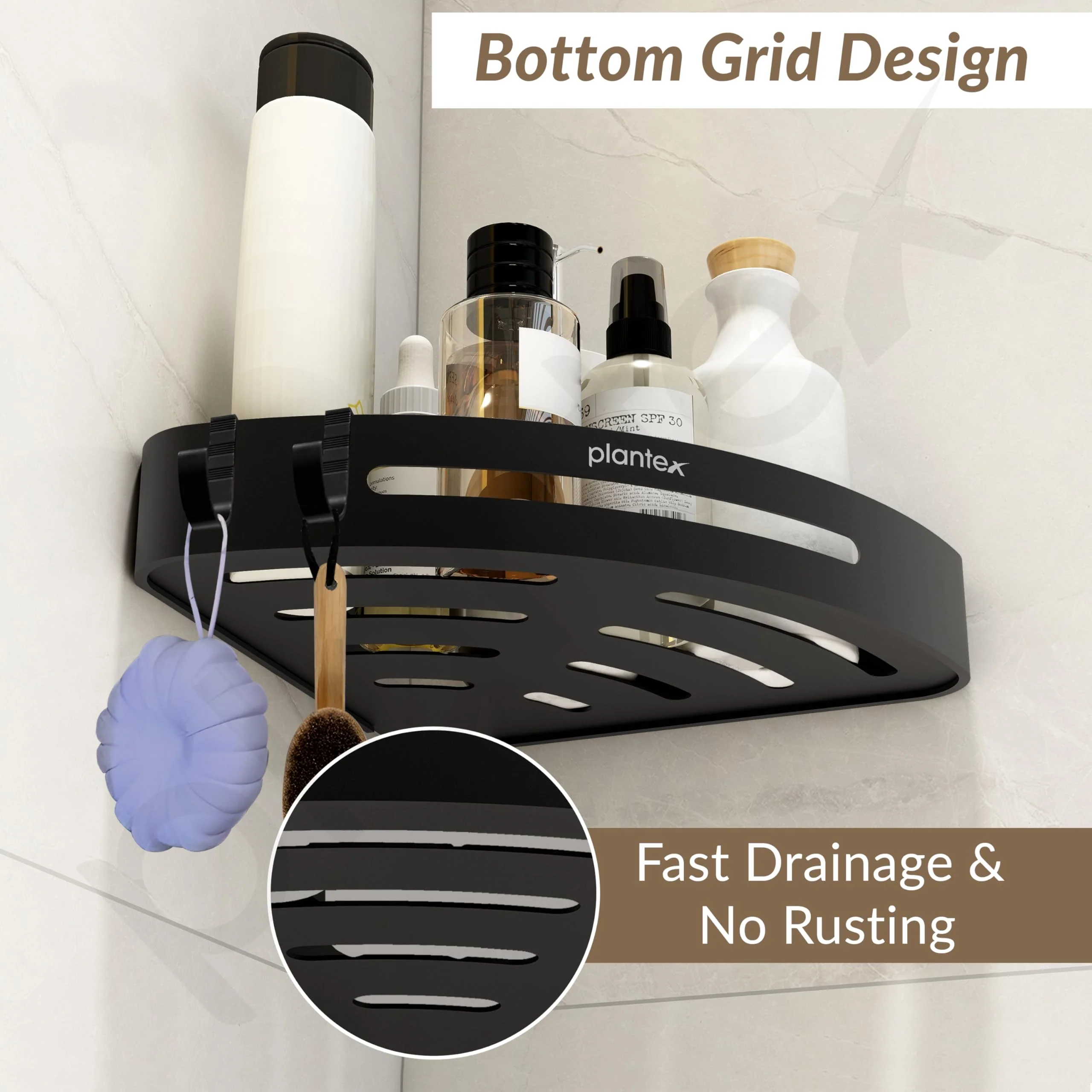 Plantex Corner Shelf for Bathroom Wall/Self Adhesive Bathroom Shelf/Aluminium Shelf Corner Organiser Without Drill/Adhesive Corner Shelf Rack- Pack of 2 (9x9 Inch, Matt Black) - Image 4