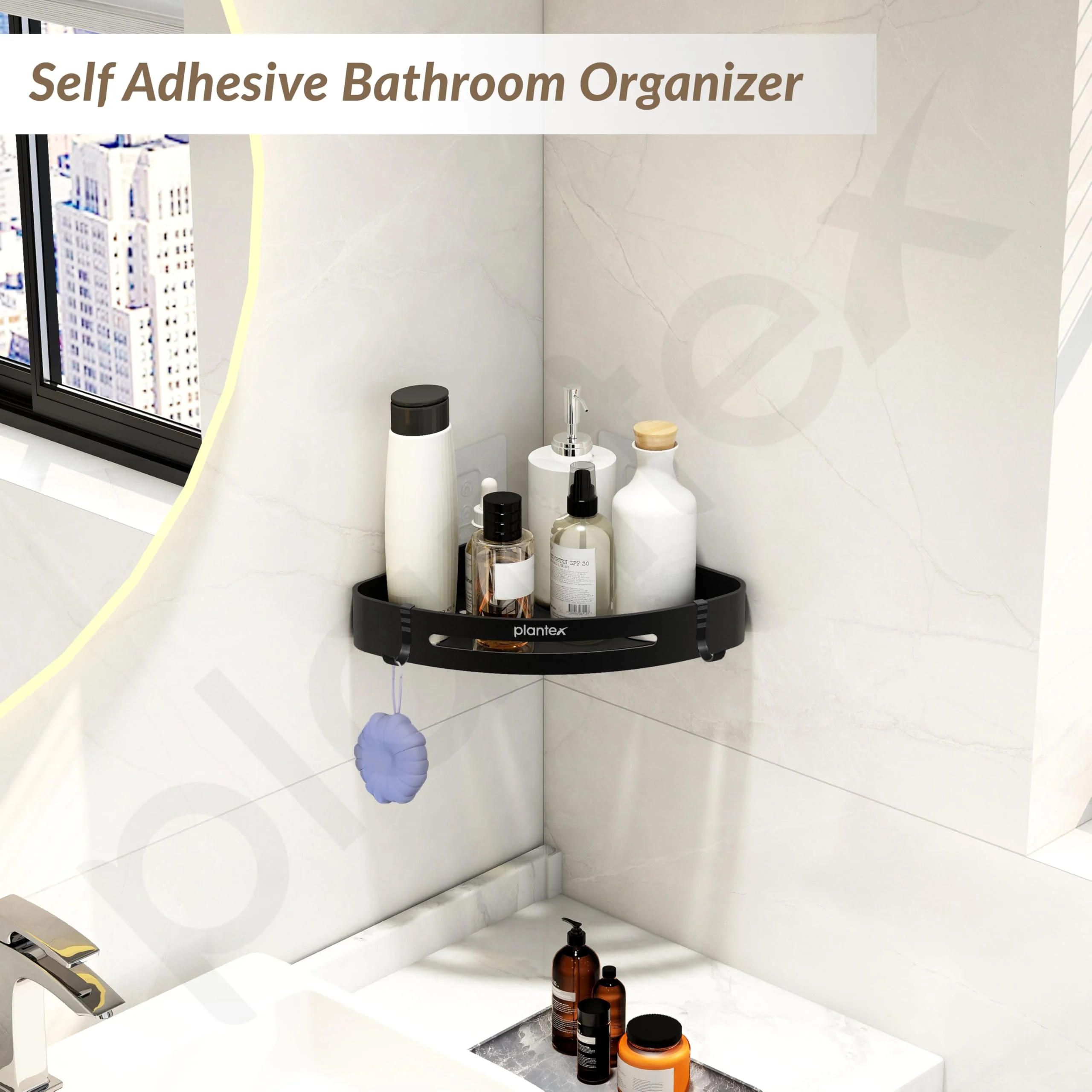 Plantex Corner Shelf for Bathroom Wall/Self Adhesive Bathroom Shelf/Aluminium Shelf Corner Organiser Without Drill/Adhesive Corner Shelf Rack- Pack of 2 (9x9 Inch, Matt Black) - Image 7