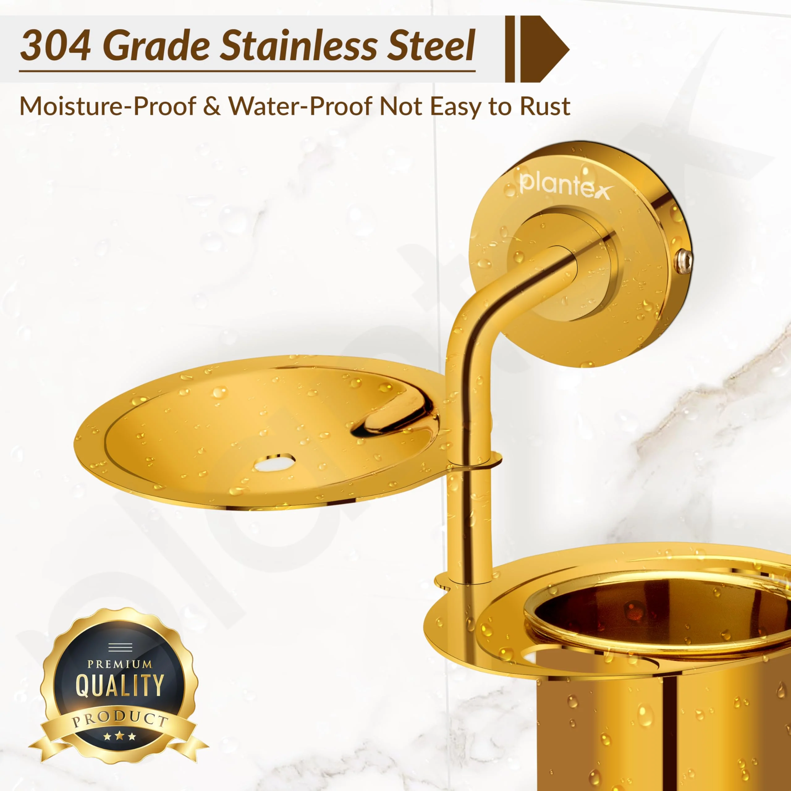 Plantex Daizy Gold Toothbrush/Paste and Tumbler Holder for Bathroom and Wash Basin (304 Stainless Steel) - Image 7