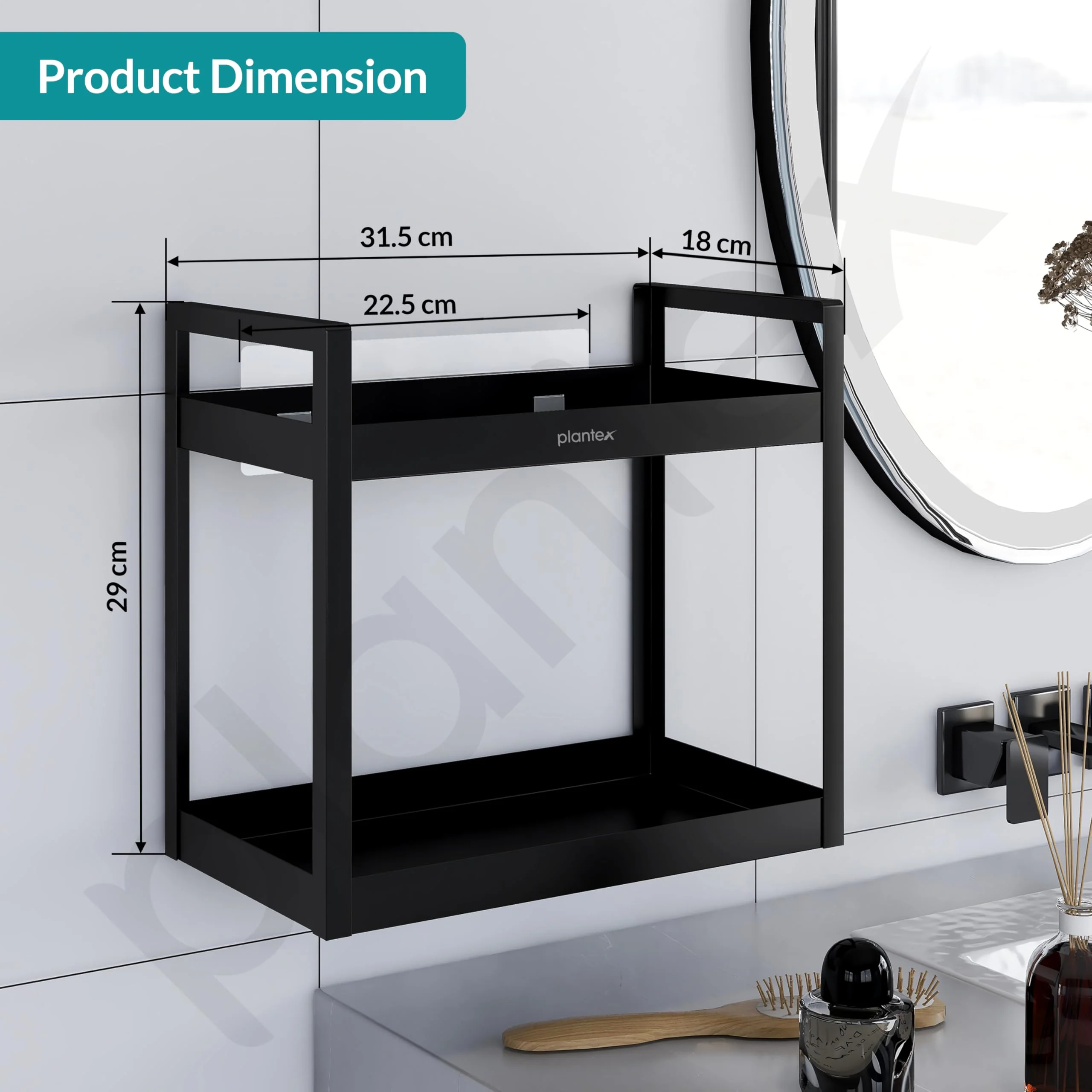 Plantex Deluxe 2 Tier Self Adhesive Bathroom Shelf Rack/Bathroom Organiser Without Drill/Bathroom Shelf Rack/Kitchen Stand Kitchen Multipurpose Shelf(Black, Powder Coated,GI Metal) - Image 3