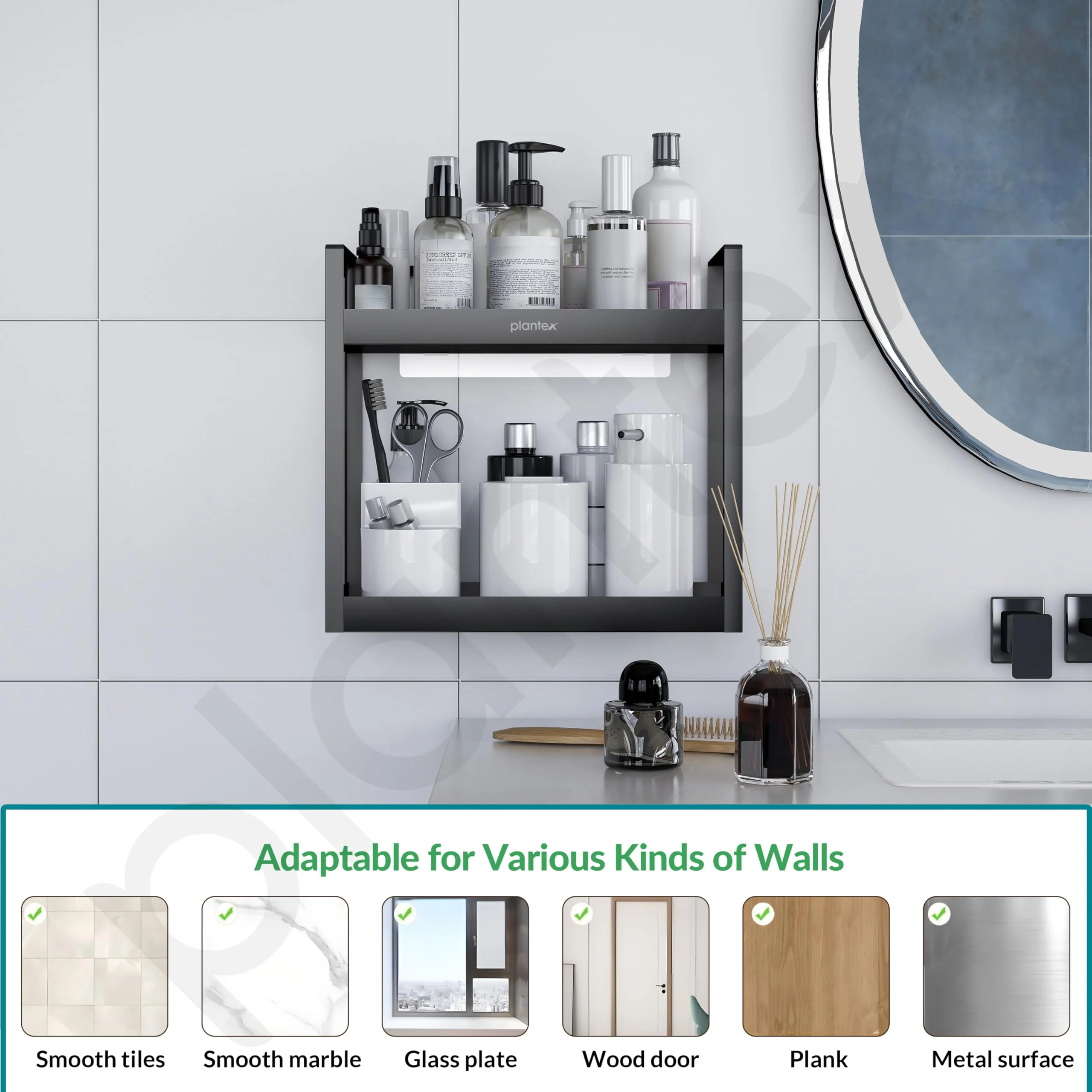 Plantex Deluxe 2 Tier Self Adhesive Bathroom Shelf Rack/Bathroom Organiser Without Drill/Bathroom Shelf Rack/Kitchen Stand Kitchen Multipurpose Shelf(Black, Powder Coated,GI Metal) - Image 5