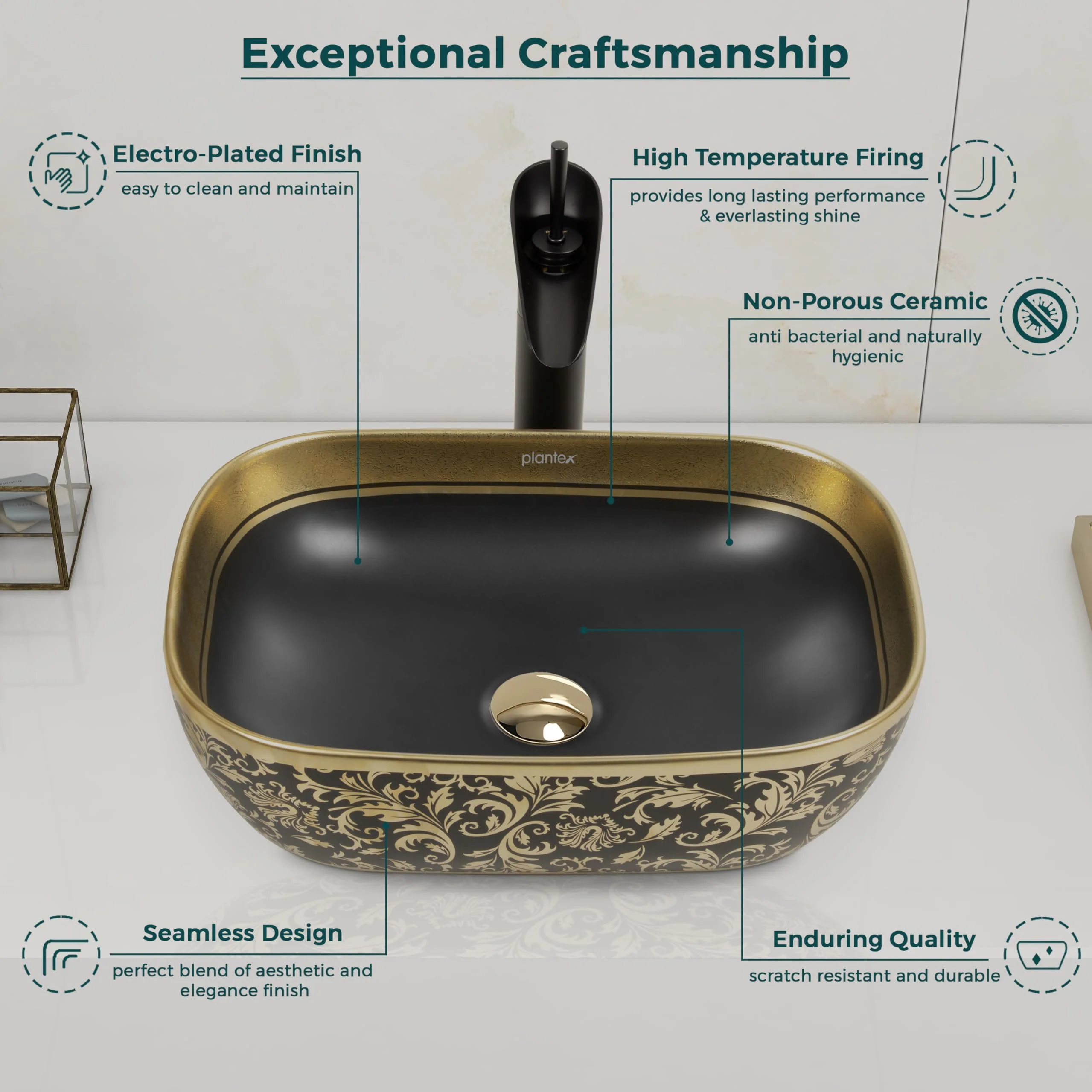 Plantex Designer Ceramic Basin/Table Top Wash Basin for Bathroom/Countertop Vessel Sink - Indo-European Collection (EQTT-466, 18 x 13 x 5.5) - Image 2