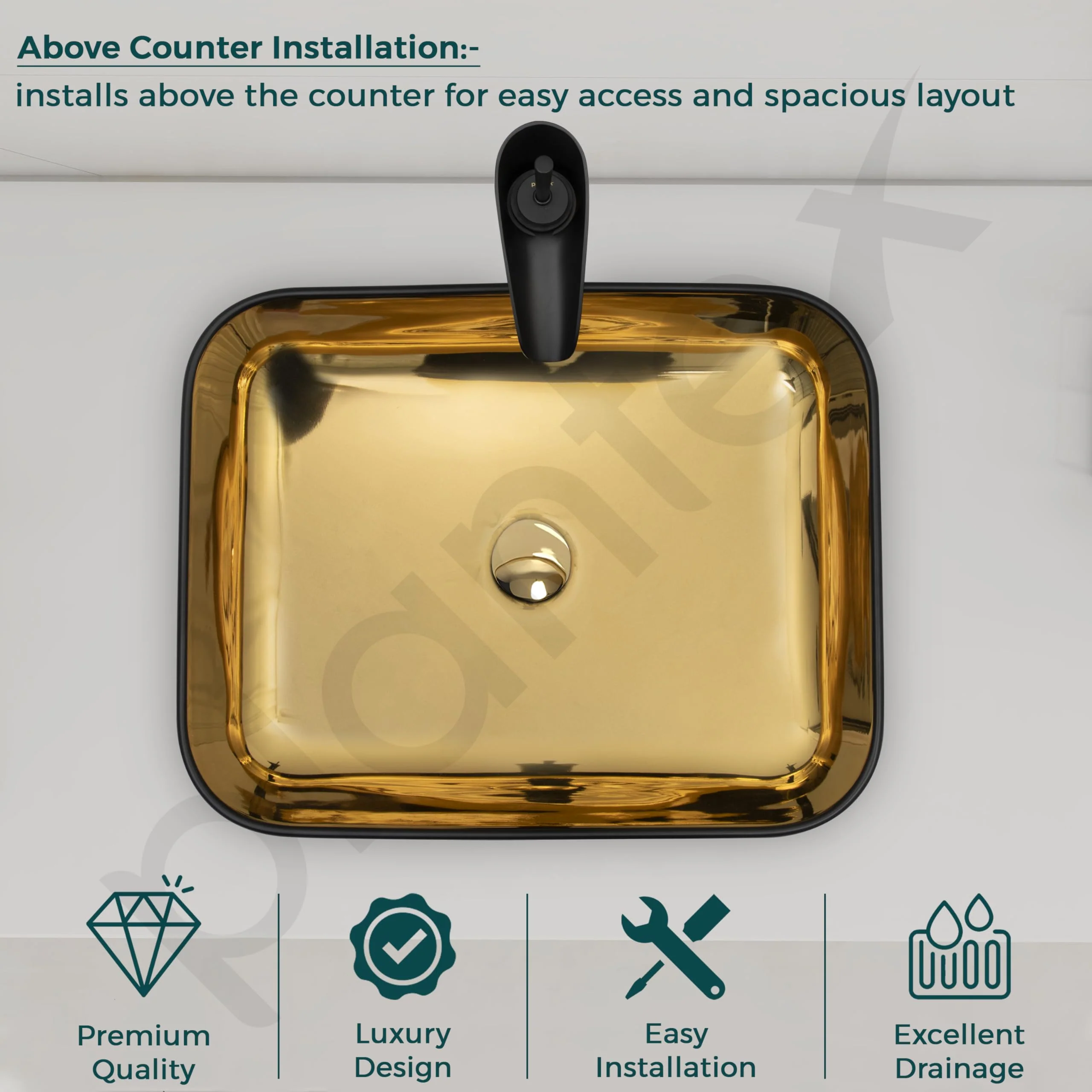 Plantex Designer Wash Basin for Bathroom/Table Top Hand Wash Sink/Counter Top Basin for Home/Ofice (19.5x15.5x5.5 Inch - Black & Golden) - Image 3