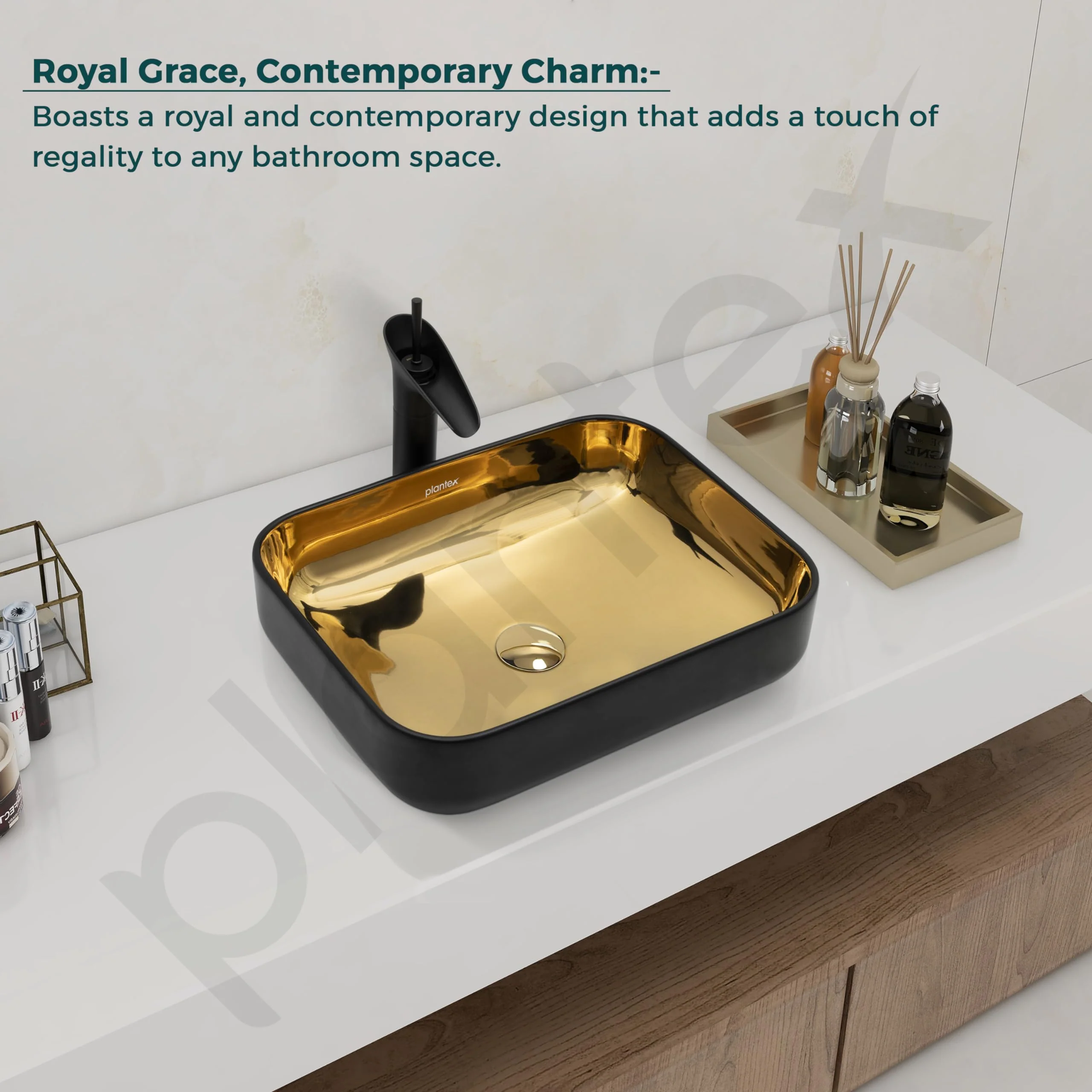 Plantex Designer Wash Basin for Bathroom/Table Top Hand Wash Sink/Counter Top Basin for Home/Ofice (19.5x15.5x5.5 Inch - Black & Golden) - Image 4