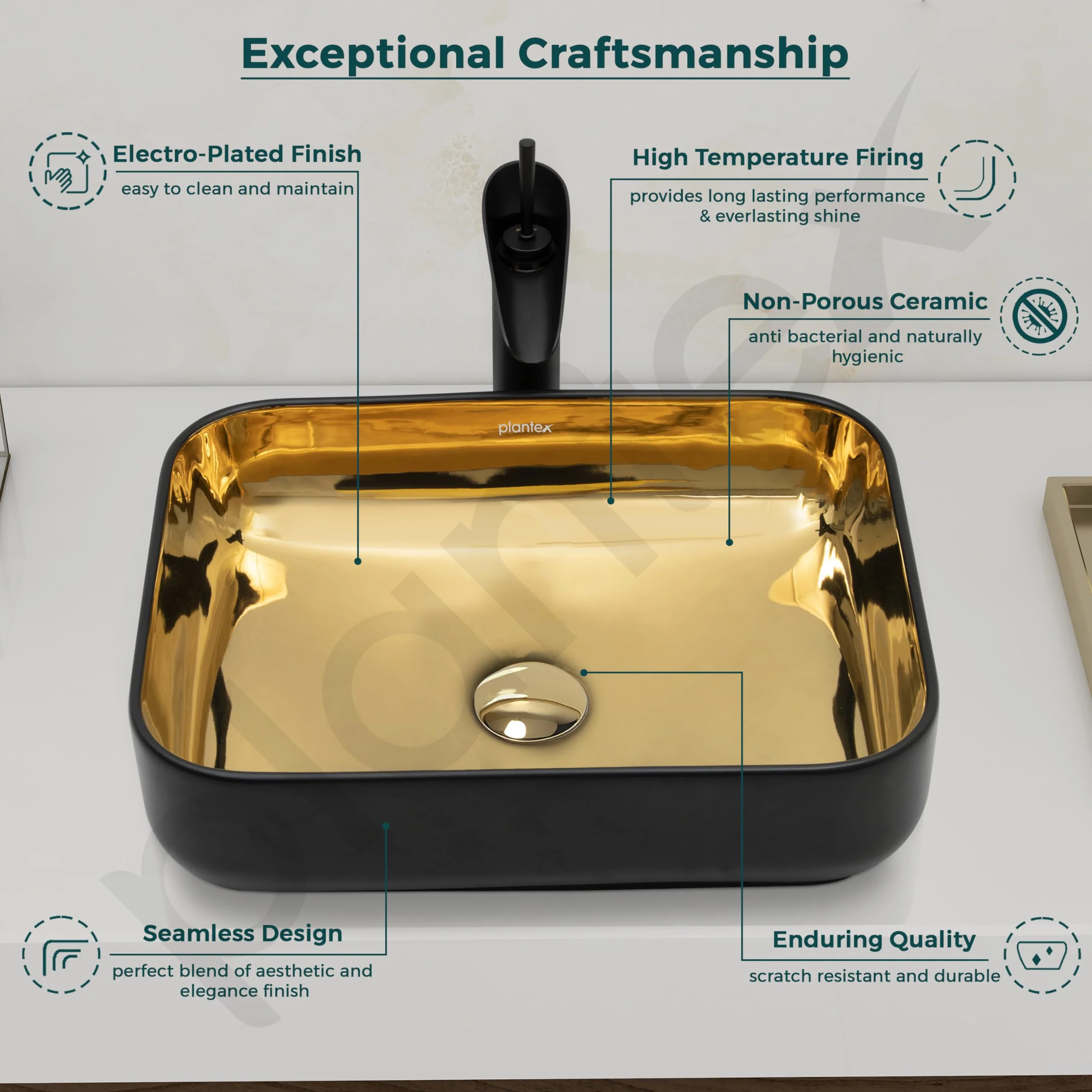 Plantex Designer Wash Basin for Bathroom/Table Top Hand Wash Sink/Counter Top Basin for Home/Ofice (19.5x15.5x5.5 Inch - Black & Golden) - Image 6