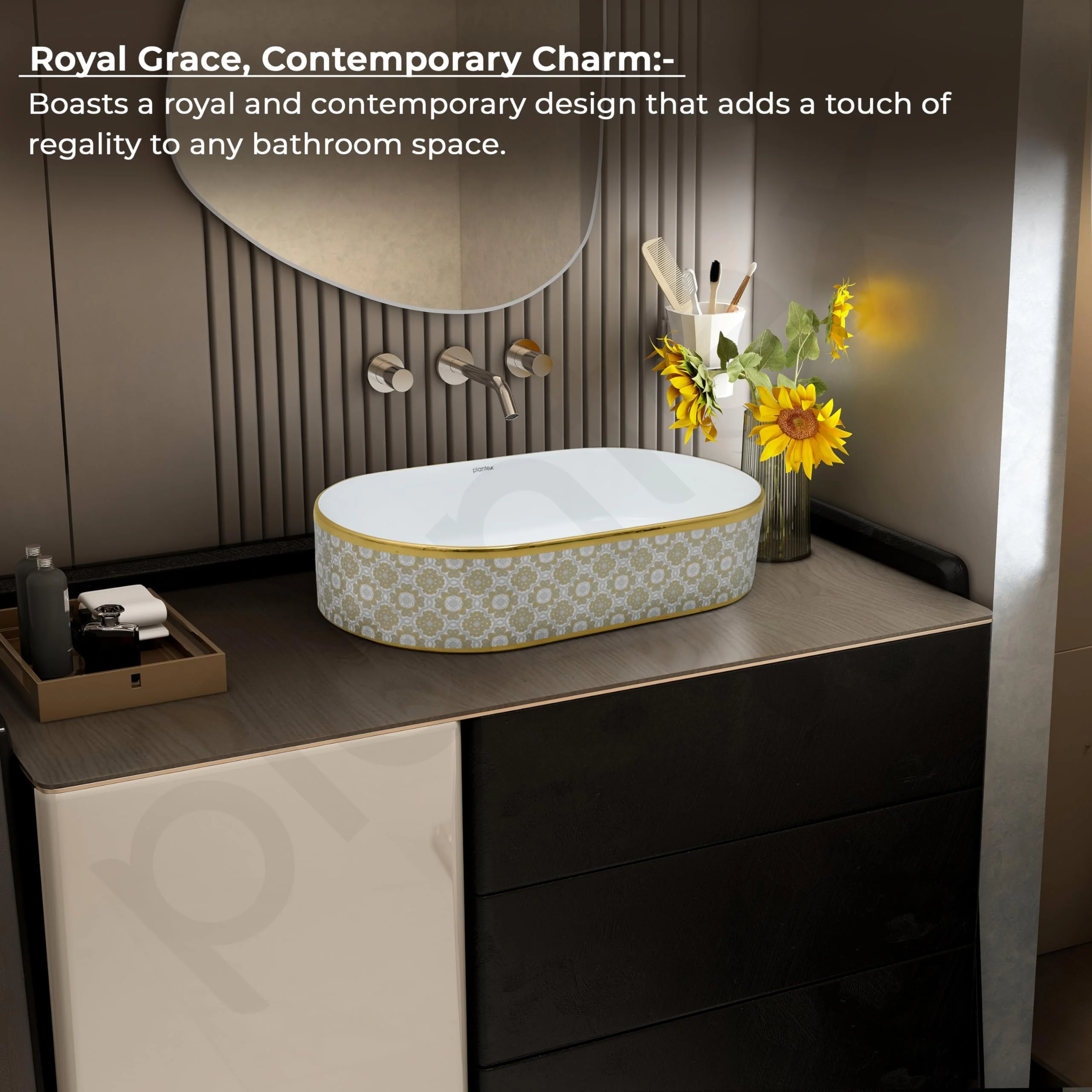 Plantex Designer Washbasin for Bathroom/Ceramic Countertop Basin/Oval Tabletop Wash Basin/Hand Wash Sink for Restaurant/Hotel (20.5x12x4.5 inch - White & Gold) - Image 2