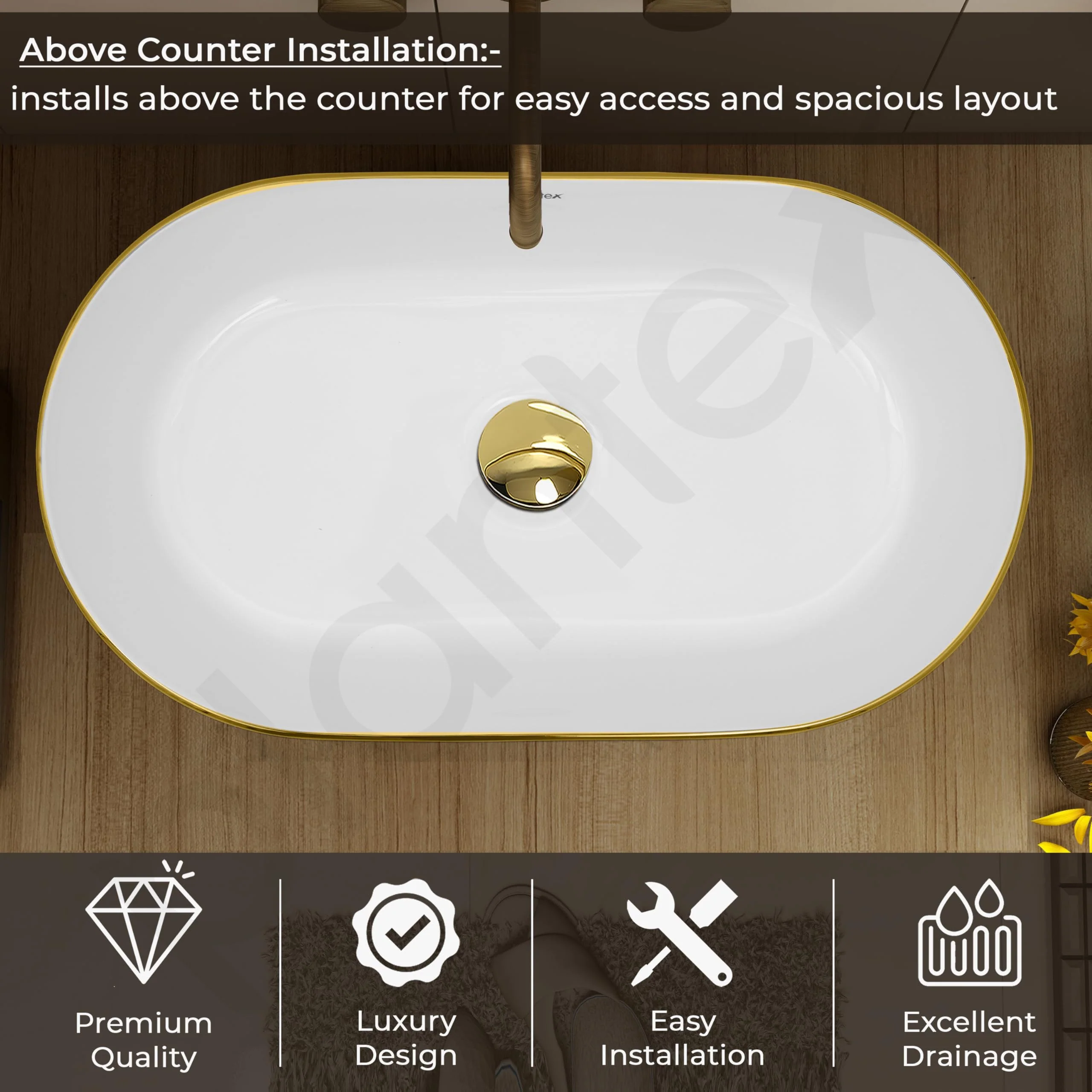 Plantex Designer Washbasin for Bathroom/Ceramic Countertop Basin/Oval Tabletop Wash Basin/Hand Wash Sink for Restaurant/Hotel (20.5x12x4.5 inch - White & Gold) - Image 5