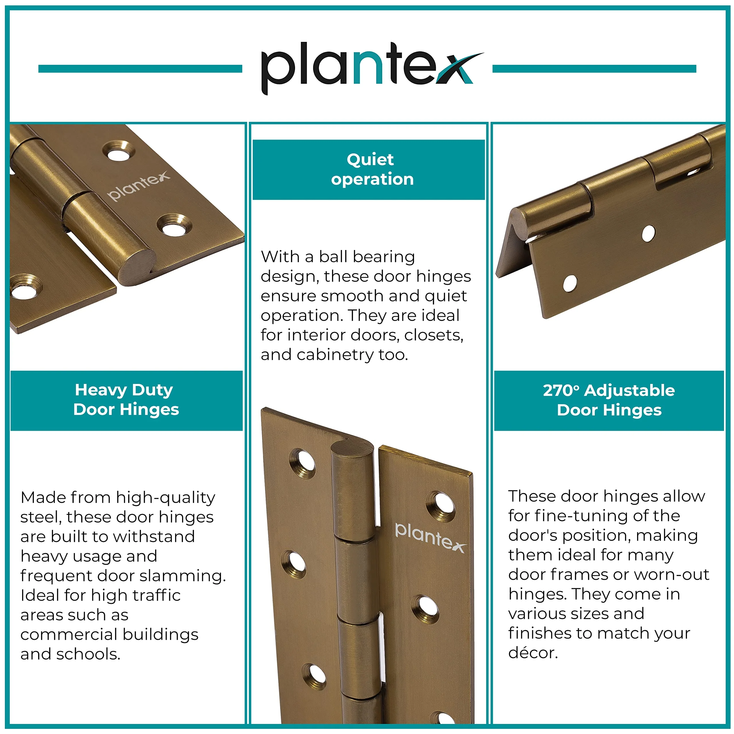 Plantex Door Hinges 4 Inch x 14 Gauge/2 mm Thickness/Hinges for Main Door/Butt Hinges for Home/Office/Hotel/Kabja/Soft Close Hinge - Pack of 4 (Brass Antique) - Image 6