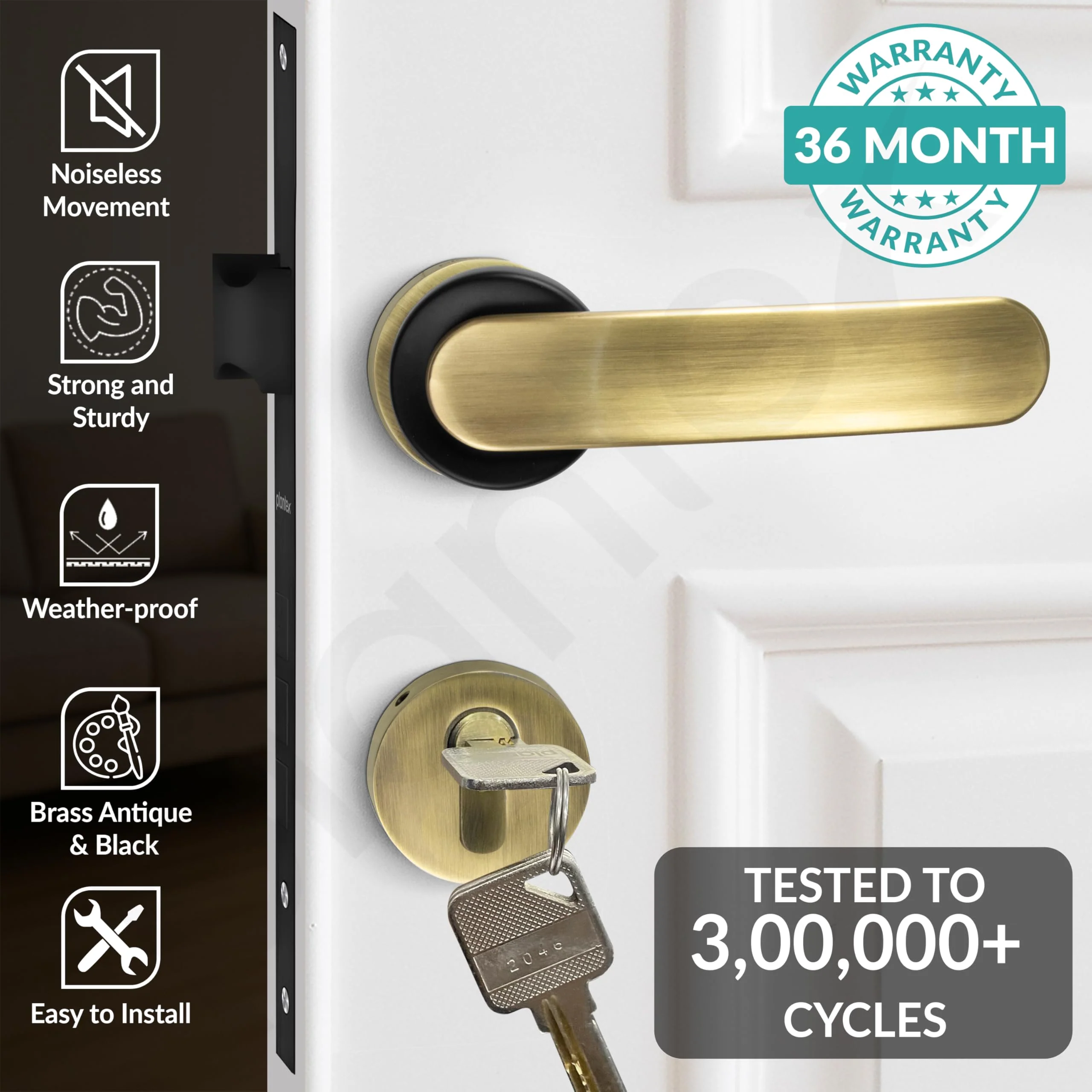 Plantex Door Lock for Home/Main Door Lock Set with 3 Computerized Key/Mortise Lock for Door with Brass Lock Body & Cylinder (SM037, Brass Antique & Black) - Image 2