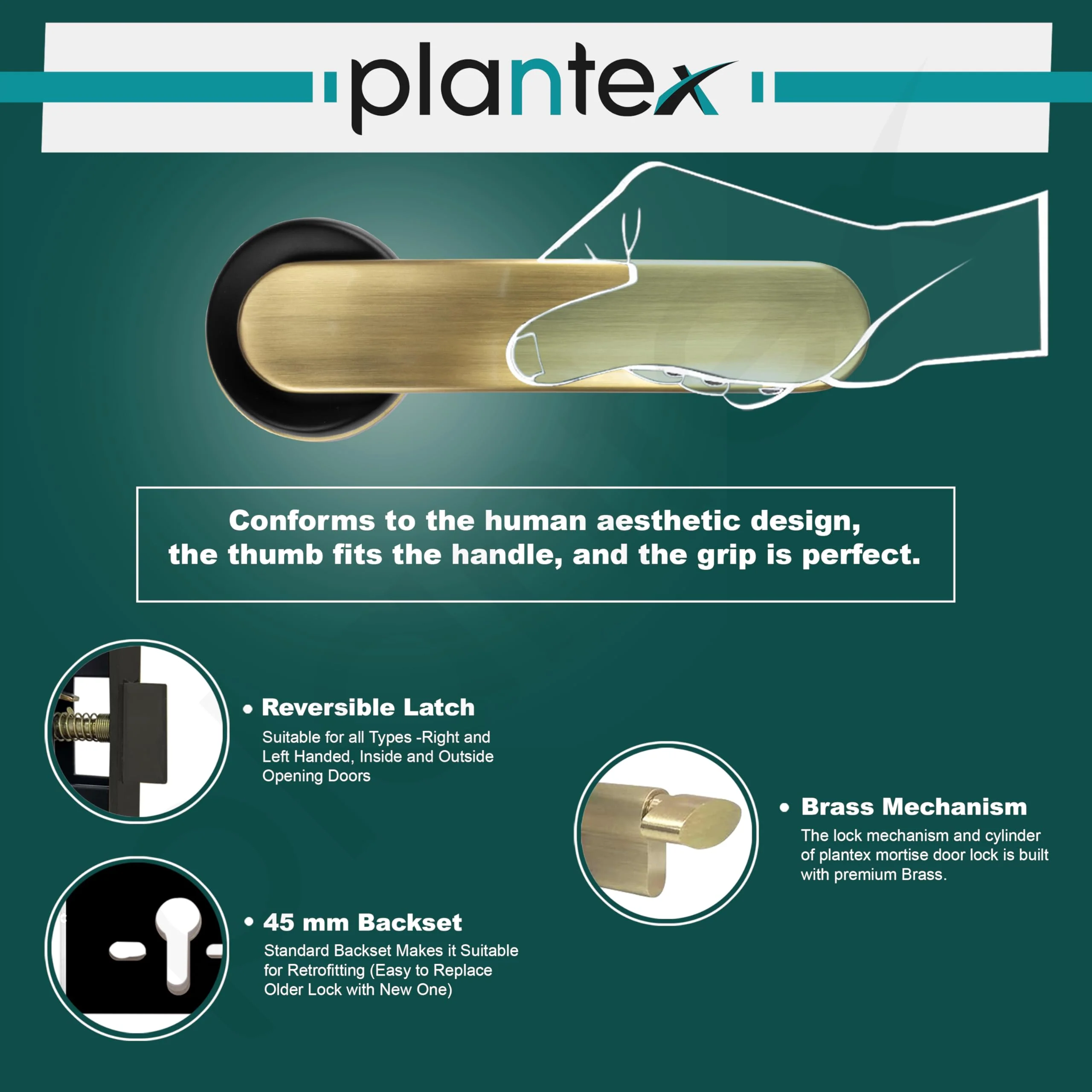 Plantex Door Lock for Home/Main Door Lock Set with 3 Computerized Key/Mortise Lock for Door with Brass Lock Body & Cylinder (SM037, Brass Antique & Black) - Image 6