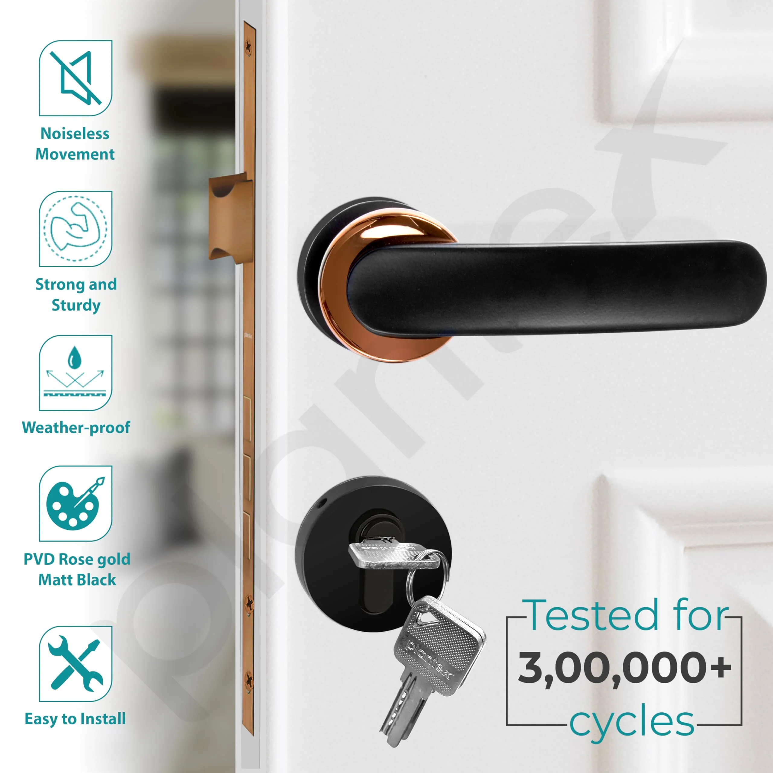 Plantex Door Lock for Home/Main Door Lock Set with 3 Computerized Key/Mortise Lock for Door with Brass Lock Body & Cylinder (SM037, Rose Gold & Black) - Image 2